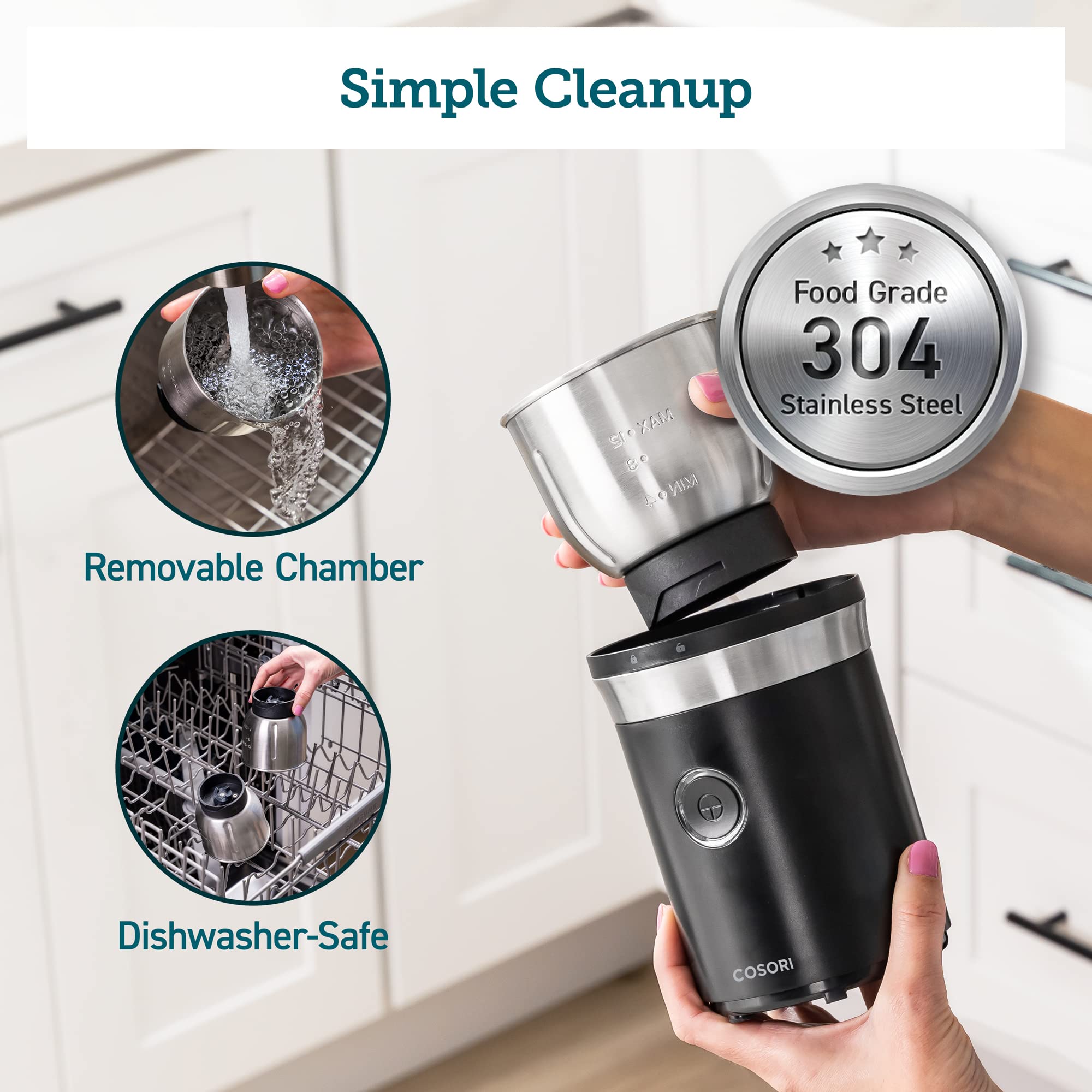 COSORI Electric Coffee Grinder for Spices, Seeds, Herbs & Coffee Beans - Stainless Steel Blades with 2 Removable Bowls - Wet & Dry Grinder for Espresso, Cooking & Baking - Perfect for Kitchen, Camping & Travel (Black)