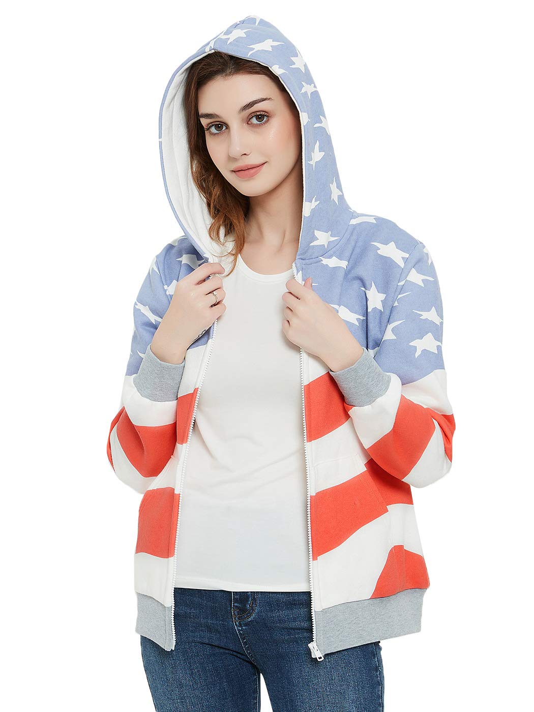 Anna-Kaci Women's Patriotic USA Flag Zip-Up Ribbed Hoodie Jacket - Cozy & Stylish for 4th of July, BBQ Parties & Casual Outings