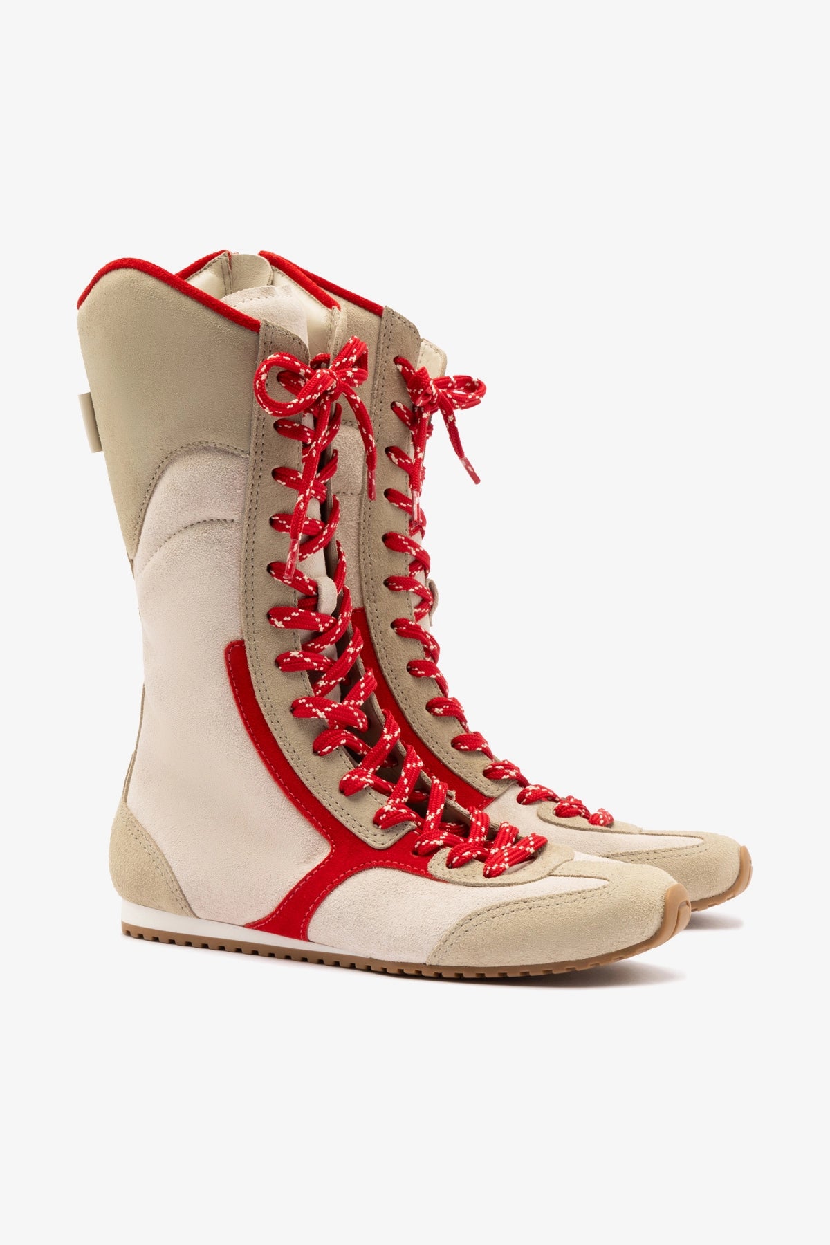 Larroudé x Jonathan Cohen Women's Flat Lo Sneaker Boot in Ivory, Oyster Grey & Scarlet Suede - Comfortable Suede Ankle Boots for Casual Wear, Work & Date Night Outfits
