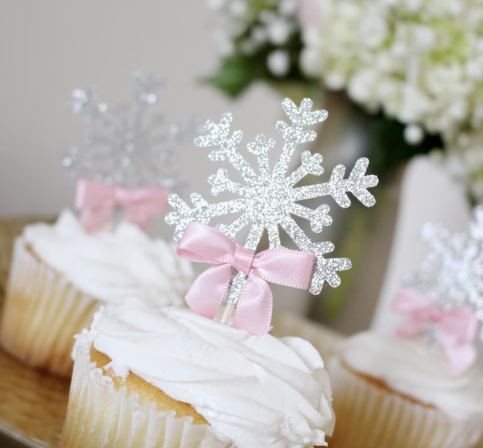 Snowflake Cupcake Toppers with Satin Ribbon Bow – Frozen Winter Wonderland Christmas Cupcake Decorations – Set of 12 for Cupcakes, Donuts & Cakes (Pink Bow) – Perfect for Birthday Parties, Baby Showers & Holiday Celebrations