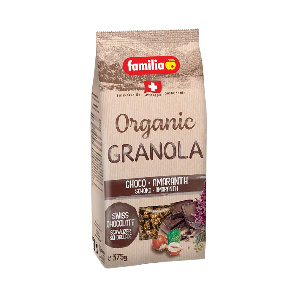 Organic Crunchy Granola with Swiss Chocolate & Amaranth - 375g | Healthy Breakfast Cereal, Snack for Office, Hiking & Yoga | Gluten-Free, Non-GMO