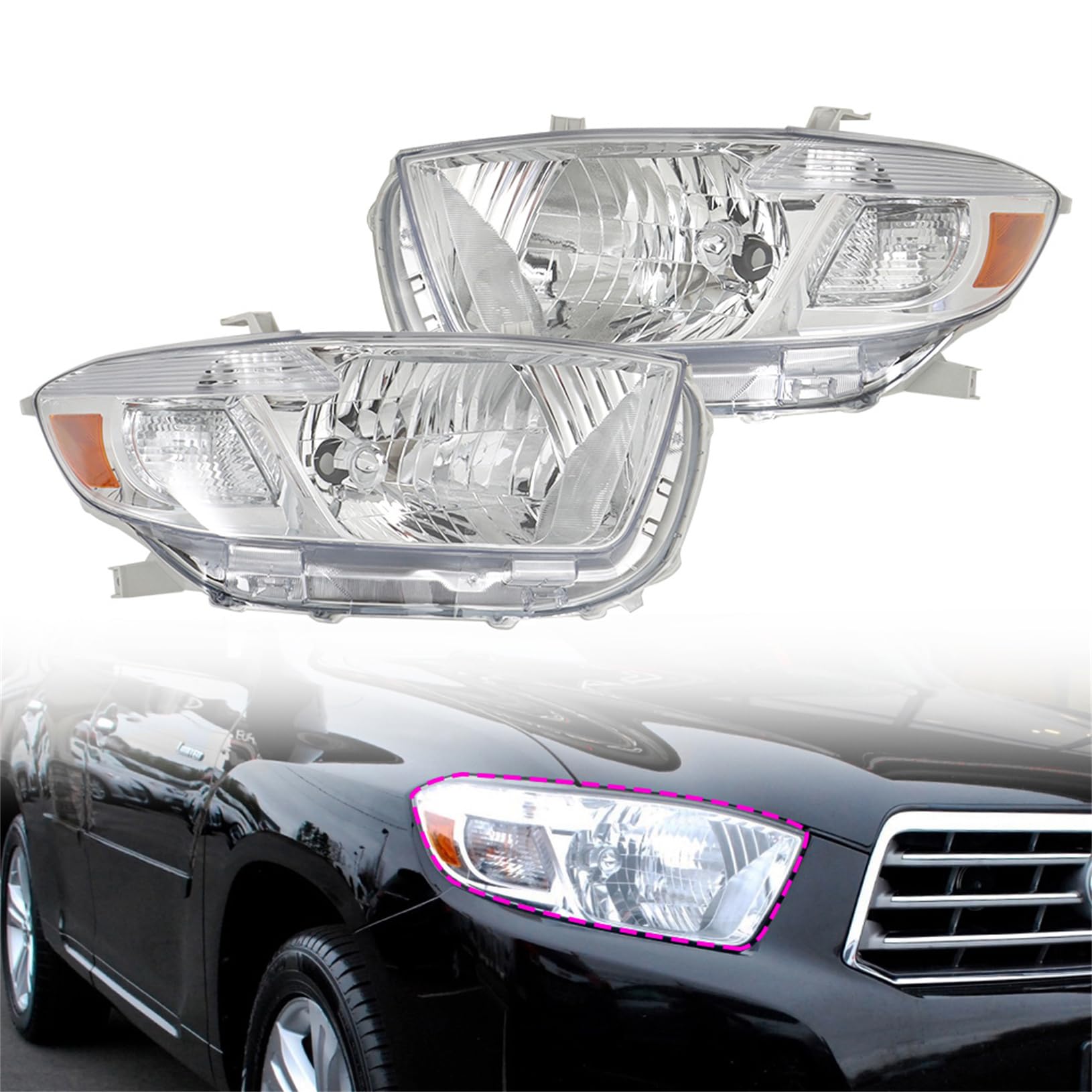 2008-2010 Toyota Highlander Headlight Assembly Replacement - Driver & Passenger Side - Compatible with 8113048470 & 8117048460 - Perfect for Night Driving & Foggy Conditions