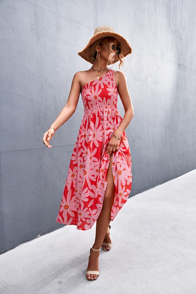 Women's Floral One Shoulder Midi Dress - 2022 Summer Boho Chic Ruffled Sleeveless Tunic Dress for Beach Vacation, Date Night & Casual Outings