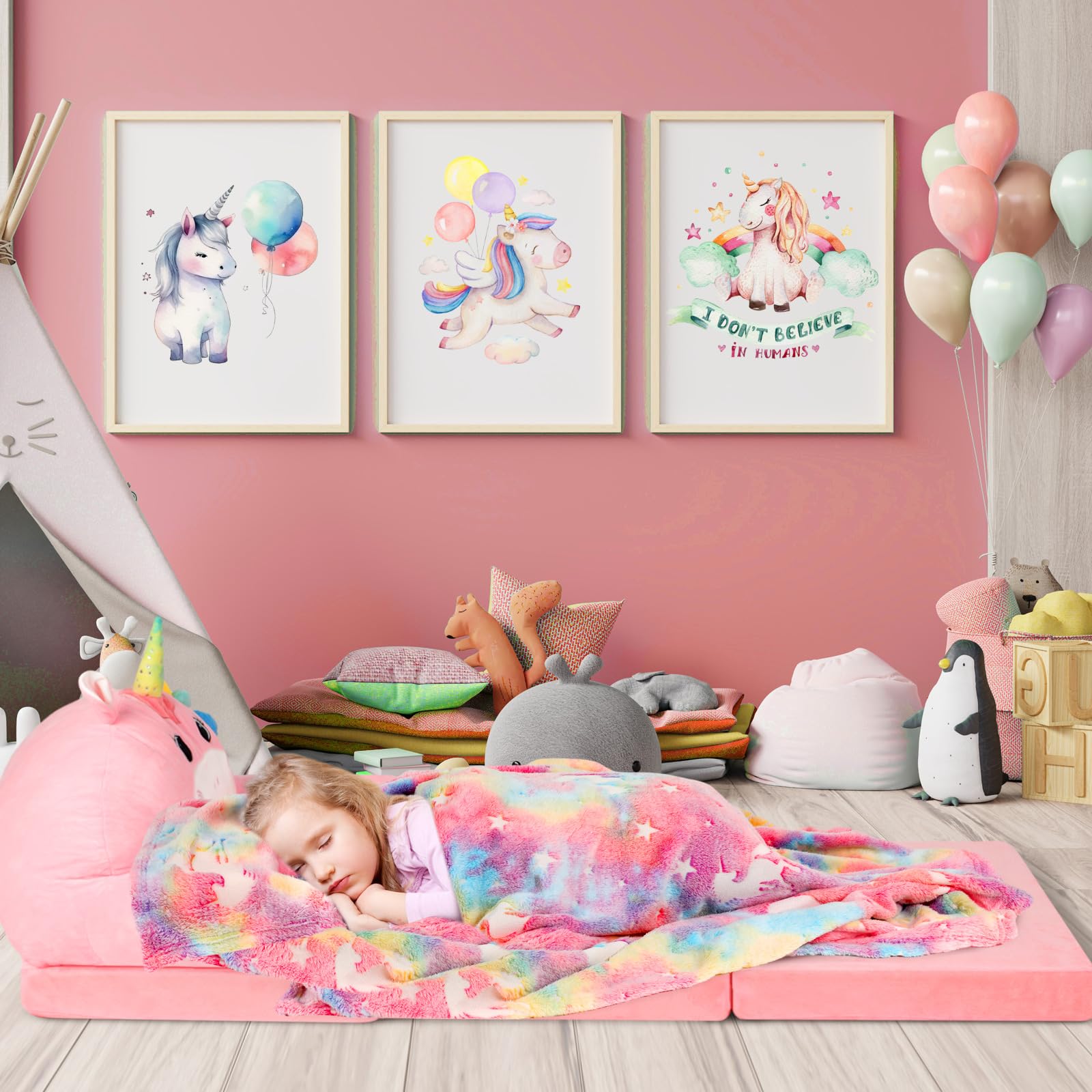 **Unicorn Toddler Chair 2-in-1 Convertible Sofa to Lounger - Foldable Kids Couch with Soft Velvet Blanket, Comfy Pink Toddler Furniture for Playroom & Nursery**