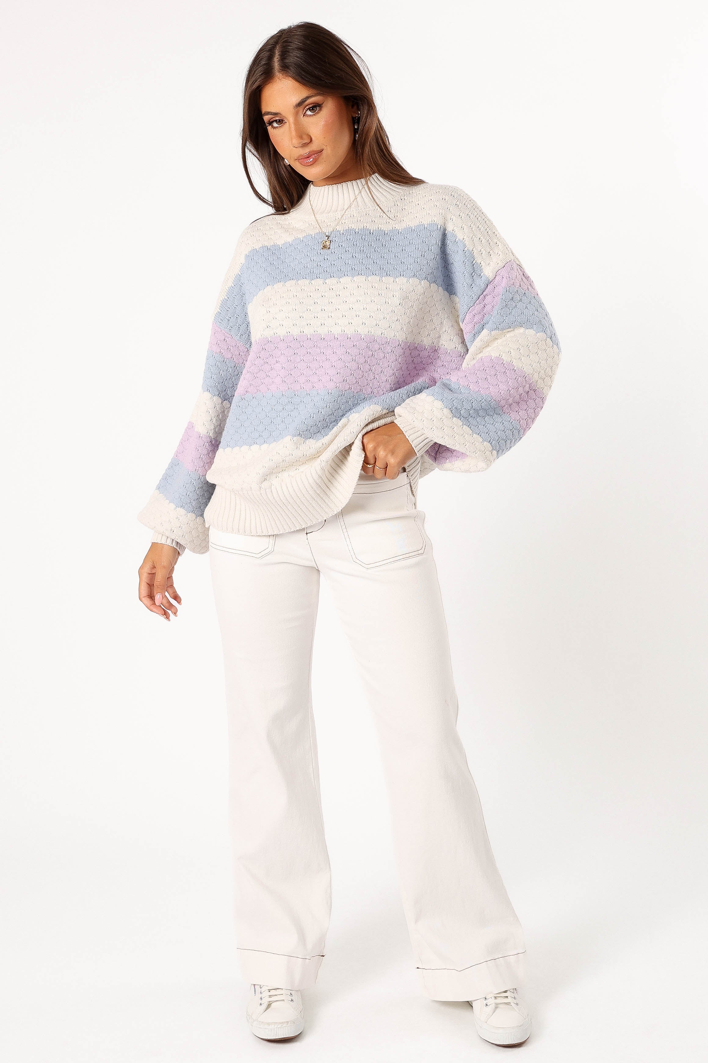 Dani Women's Multi Stripe Knit Sweater - White & Light Blue | Cozy Casual Pullover for Fall & Winter | Perfect for Office, Dates & Holiday Outfits