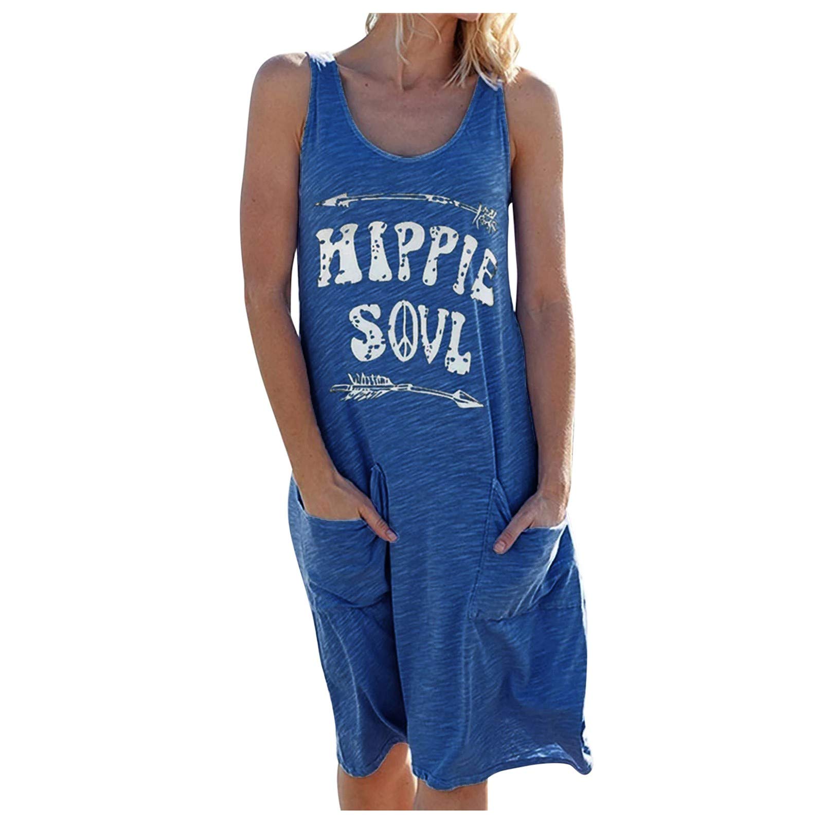 Women's Summer Casual Sleeveless Letter Print Dress with Pockets - Round Neck Flowy Dress for Beach, Vacation & Everyday Wear