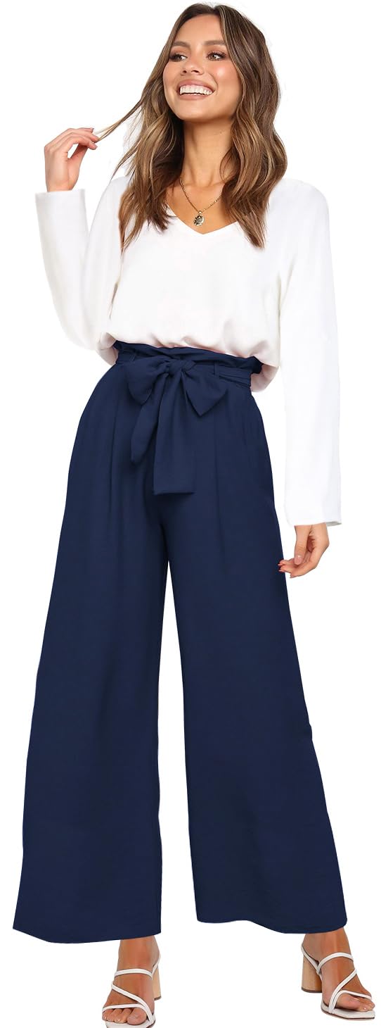 FANCYINN Women's 2-Piece Outfit Set - V-Neck Long Sleeve Top & High Waisted Paper Bag Pants with Belt | Casual Workwear & Office Outfit