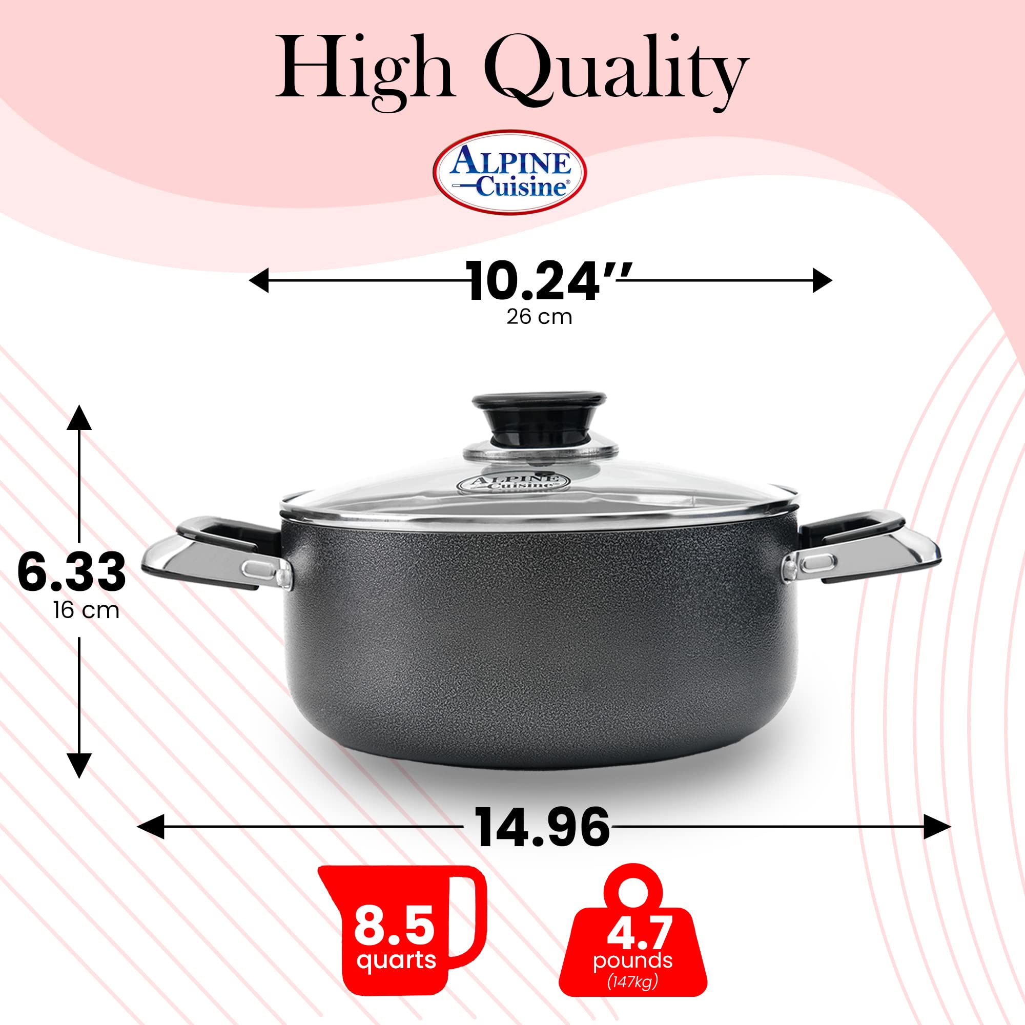 Alpine Cuisine 8.5 Quart Non-Stick Aluminum Dutch Oven with Tempered Glass Lid - Multi-Purpose Cookware for Braising, Boiling, Stewing, Soups & Pasta - Perfect for Home Cooking, Camping & Large Family Meals