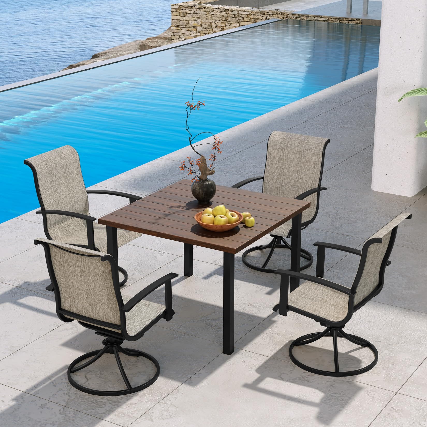 5-Piece Outdoor Dining Set for 4 with Swivel Chairs & Square Woodgrain Table - Patio Furniture with Umbrella Hole - Perfect for Backyard BBQs, Garden Parties & Poolside Dining