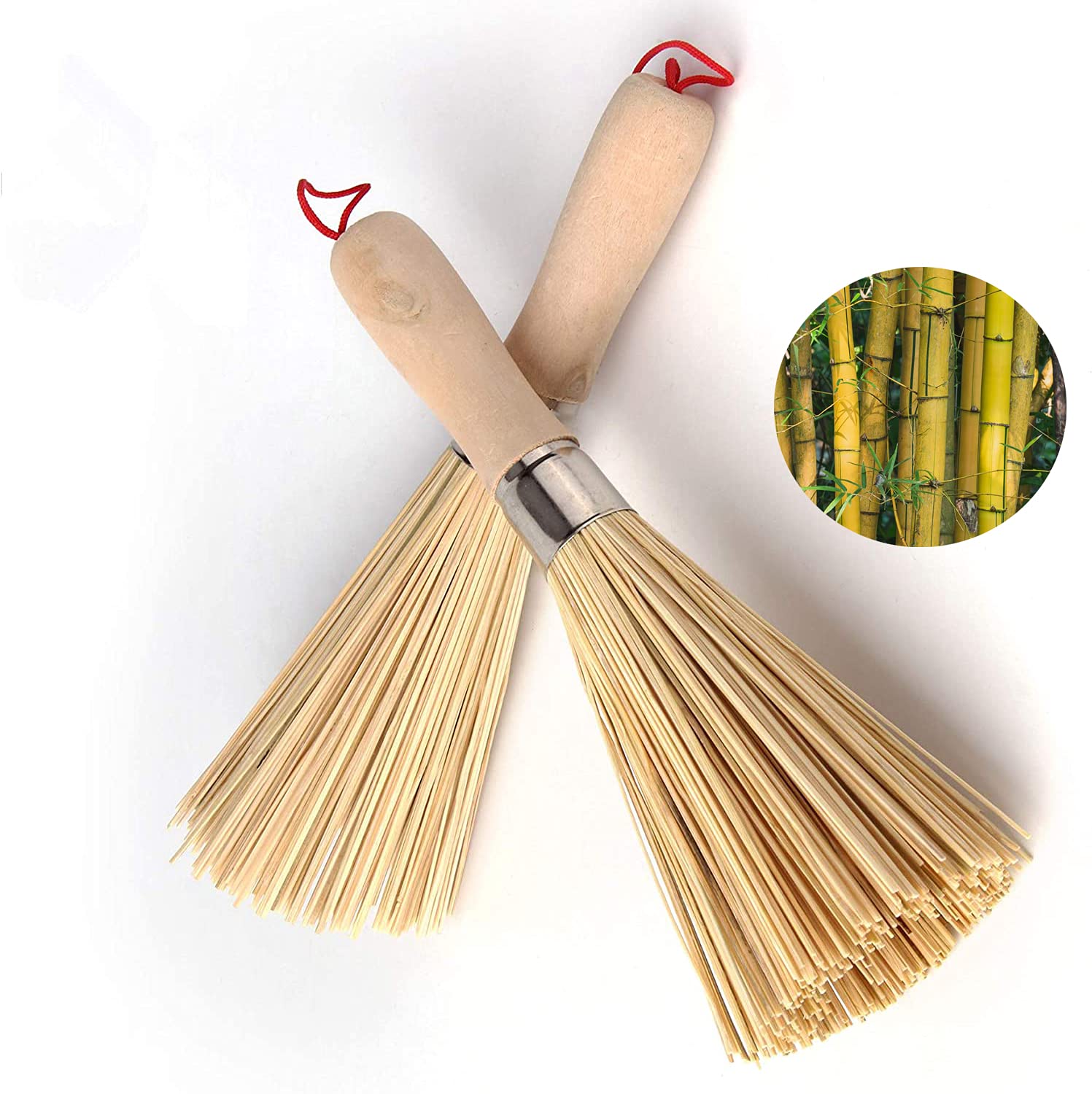 2-Pack Natural Bamboo Wok Brushes - Eco-Friendly Kitchen Cleaning Brush for Pots, Pans, Dishes & Vegetables | Perfect for Cast Iron Cookware, Stainless Steel Sinks & Daily Kitchen Cleaning
