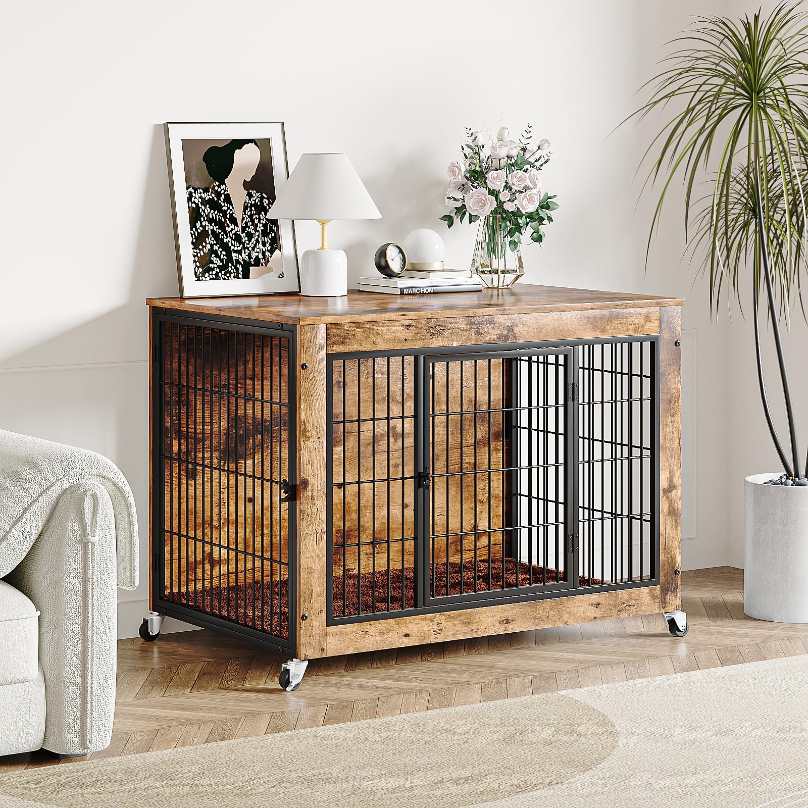 LEMBERI 32 Inch Wooden Dog Crate Furniture with Cushion - Double Door Pet Kennel Cage with Wheels for Small & Medium Dogs - Rustic Brown Indoor Dog House & Decorative Side Table - Perfect for Living Room, Bedroom or Office Use