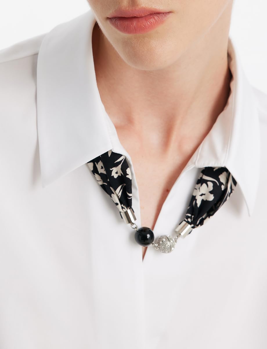 Elegant Women's V-Neck Puff Sleeve White Blouse with Silk Scarf - Professional Work Shirt for Office, Business Meetings & Formal Occasions