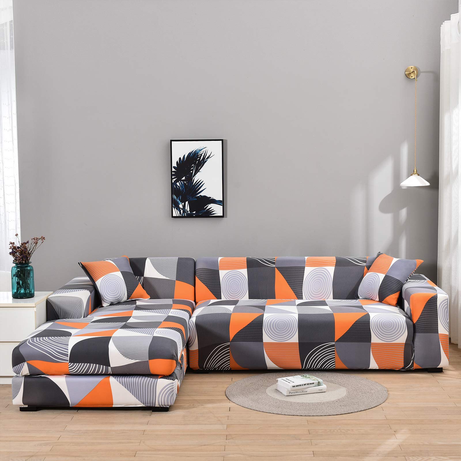 Stretchable L-Shaped Sectional Sofa Cover - 2-Piece Elastic Slipcover for 3-Seater Couch with 4 Pillowcases | Furniture Protector for Pets & Kids | Perfect for Living Room, Family Gatherings & Movie Nights (Orange)