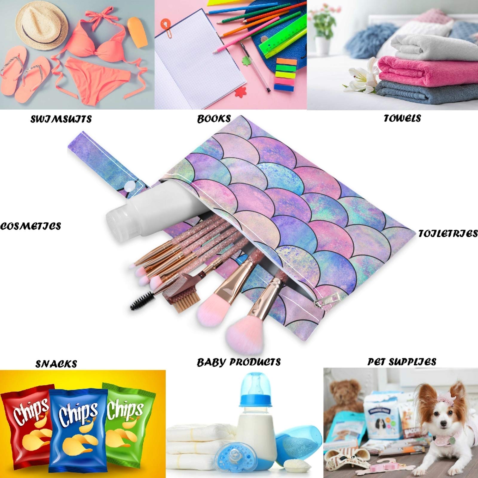 Visesunny Magic Mermaid Scale 2-Piece Wet Bag Set - Waterproof Zippered Pockets, Washable & Reusable Storage Organizer for Swimsuits, Diapers, Gym Clothes - Perfect for Travel, Beach, Pool, Daycare, Stroller & Toiletries Organization