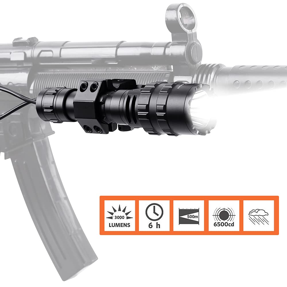 3000 Lumens Tactical Flashlight - 5 Modes LED Hunting Light with Picatinny Rail Mount, Waterproof, Remote Pressure Switch, USB Rechargeable Battery & Hex Screwdriver - Perfect for Hunting, Camping, Emergency & Outdoor Adventures