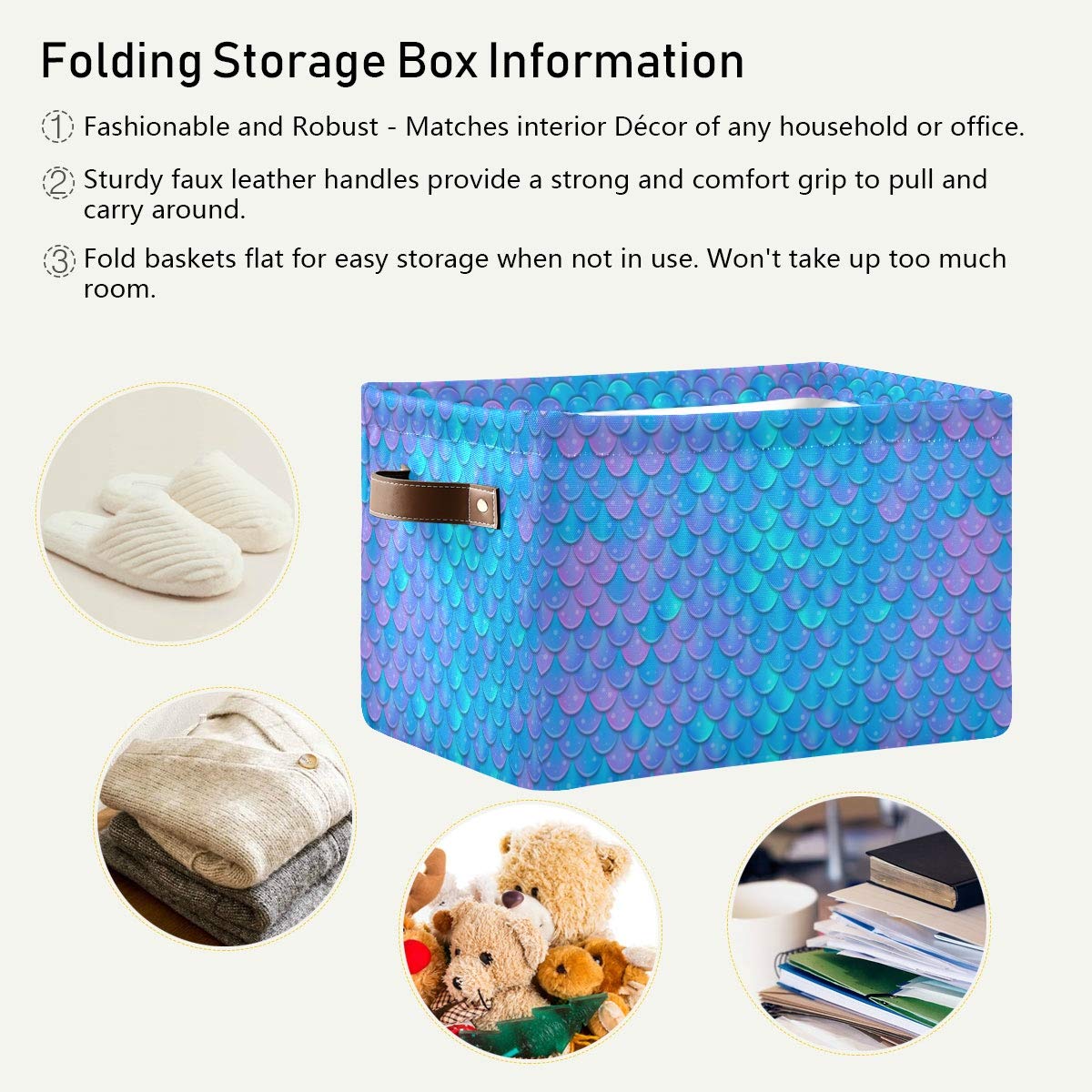 Blue Mermaid Storage Baskets - Collapsible Fabric Bin for Home & Bedroom Organization