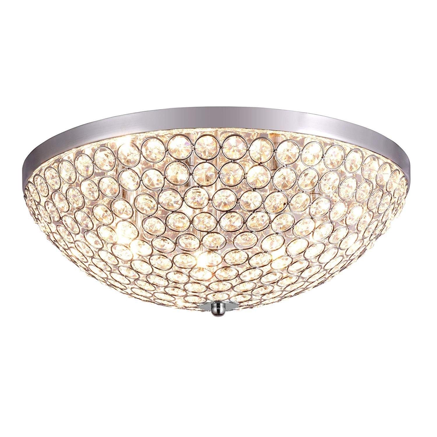 Modern LED Crystal Raindrop Pendant Light Fixture - Chrome Plated Flush Mount Ceiling Chandelier with Round Lampshade for Bedroom, Living Room - Elegant Home Lighting for Dining Areas, Hallways & Entryways