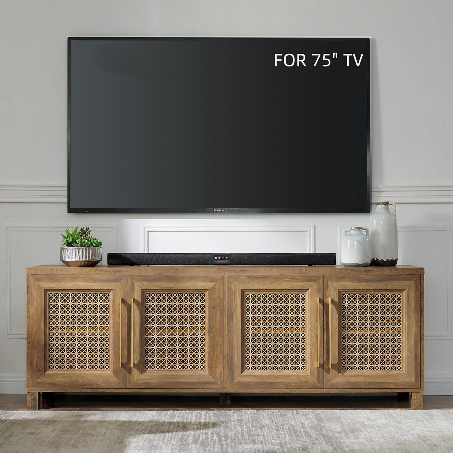 Mid Century Modern TV Stand for 75 Inch TVs - Rustic Boho Entertainment Center with Gold Metal Mesh Doors & Storage Cabinets, 69.5