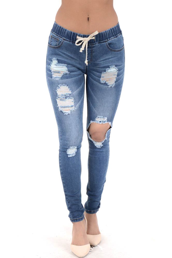 Twiin Sisters Women's Stretch Destroyed Denim Jogger Pants - Elastic Waist Slim Fit Casual Jeans for Women | Perfect for Streetwear, Lounge & Everyday Fashion