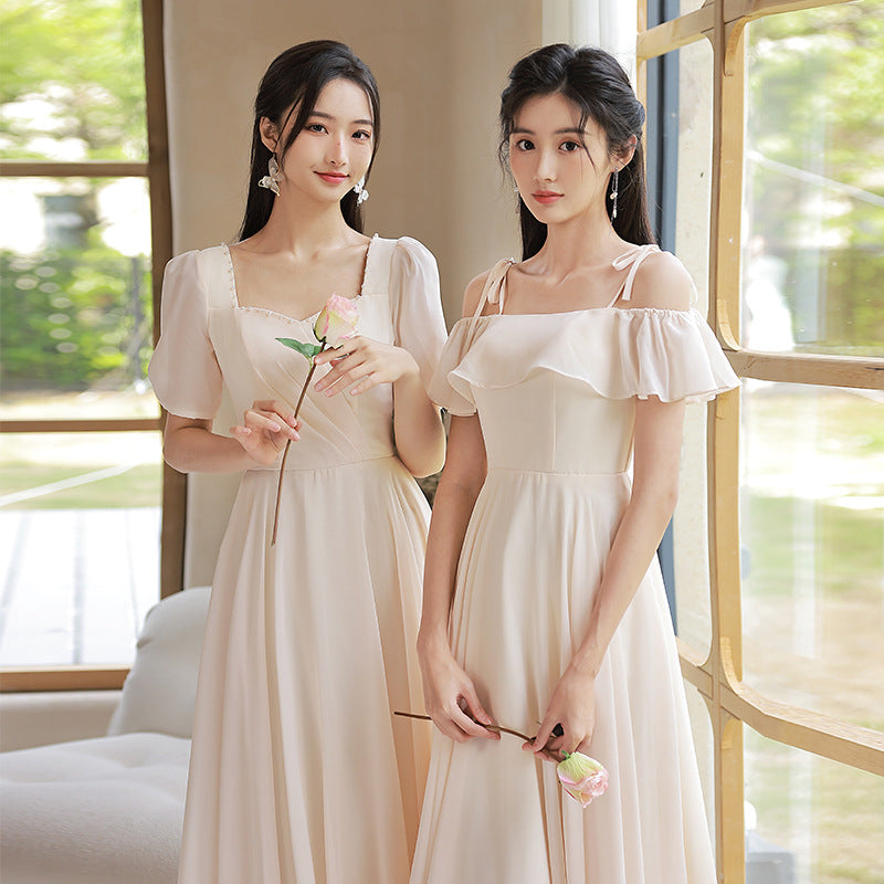 Elegant A-Line Champagne Bridesmaid Dress | Simple Long Prom Gown for Weddings & Formal Events | Perfect for Bridal Party, Evening Galas & Special Occasions
