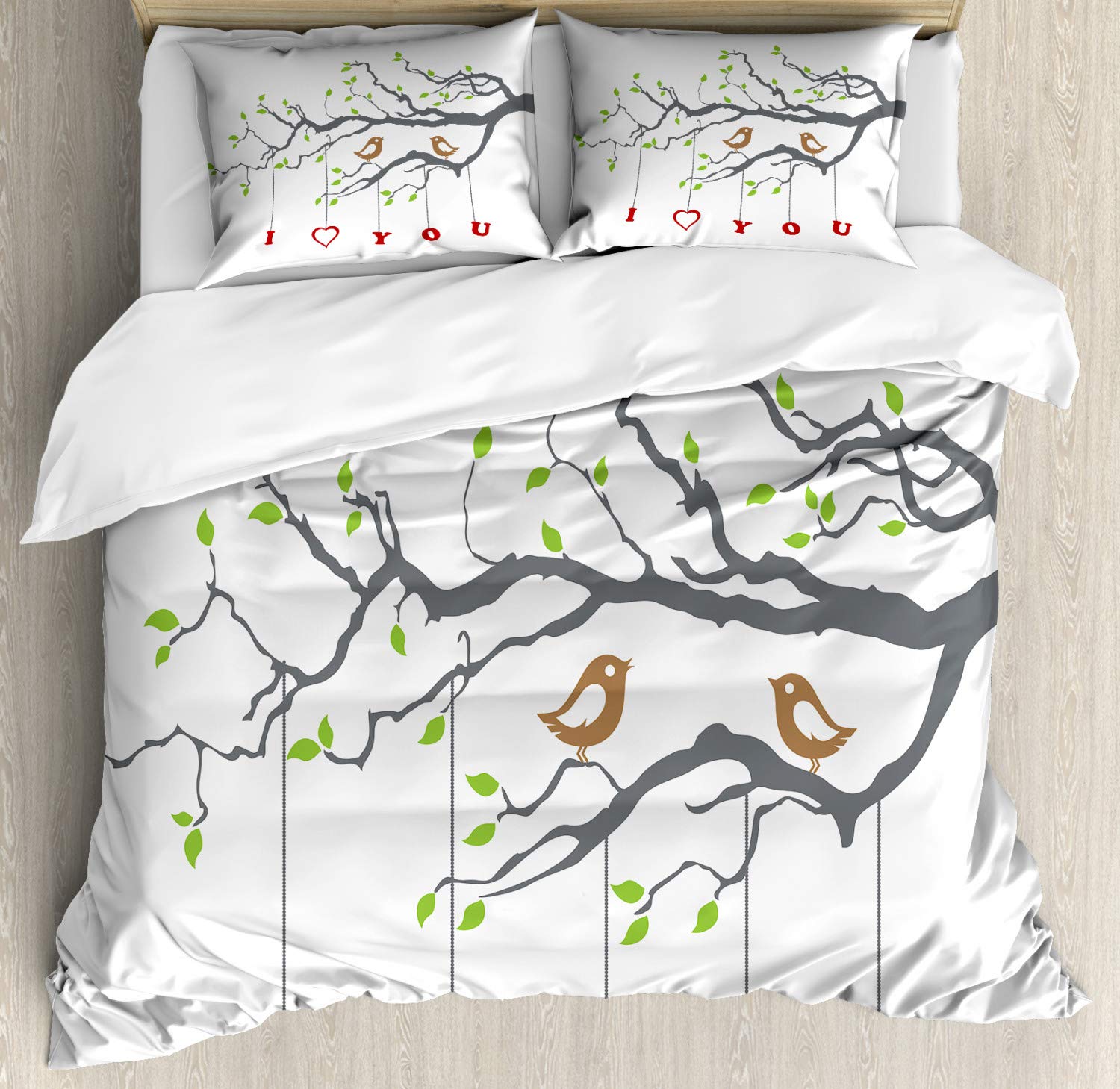 Ambesonne I Love You Duvet Cover Set - Romantic Love Birds on Tree Branch Art Print, 3-Piece Bedding Set with 2 Pillow Shams, California King Size, Grey Red Fern Green | Perfect for Spring Bedroom Decor, Couples Gift & Cozy Home Styling