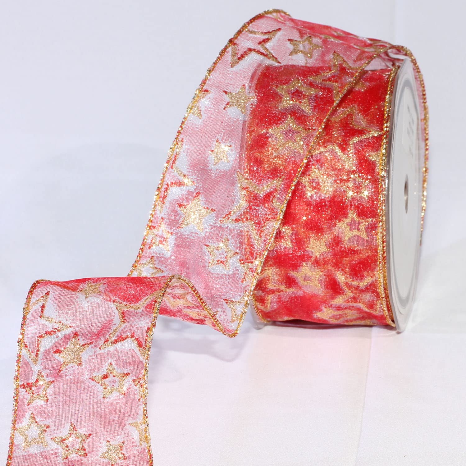 Sheer Red 'Star Dreams' Wired Craft Ribbon - 2 Inch x 20 Yards for Gift Wrapping, DIY Decorations, and Party Favors