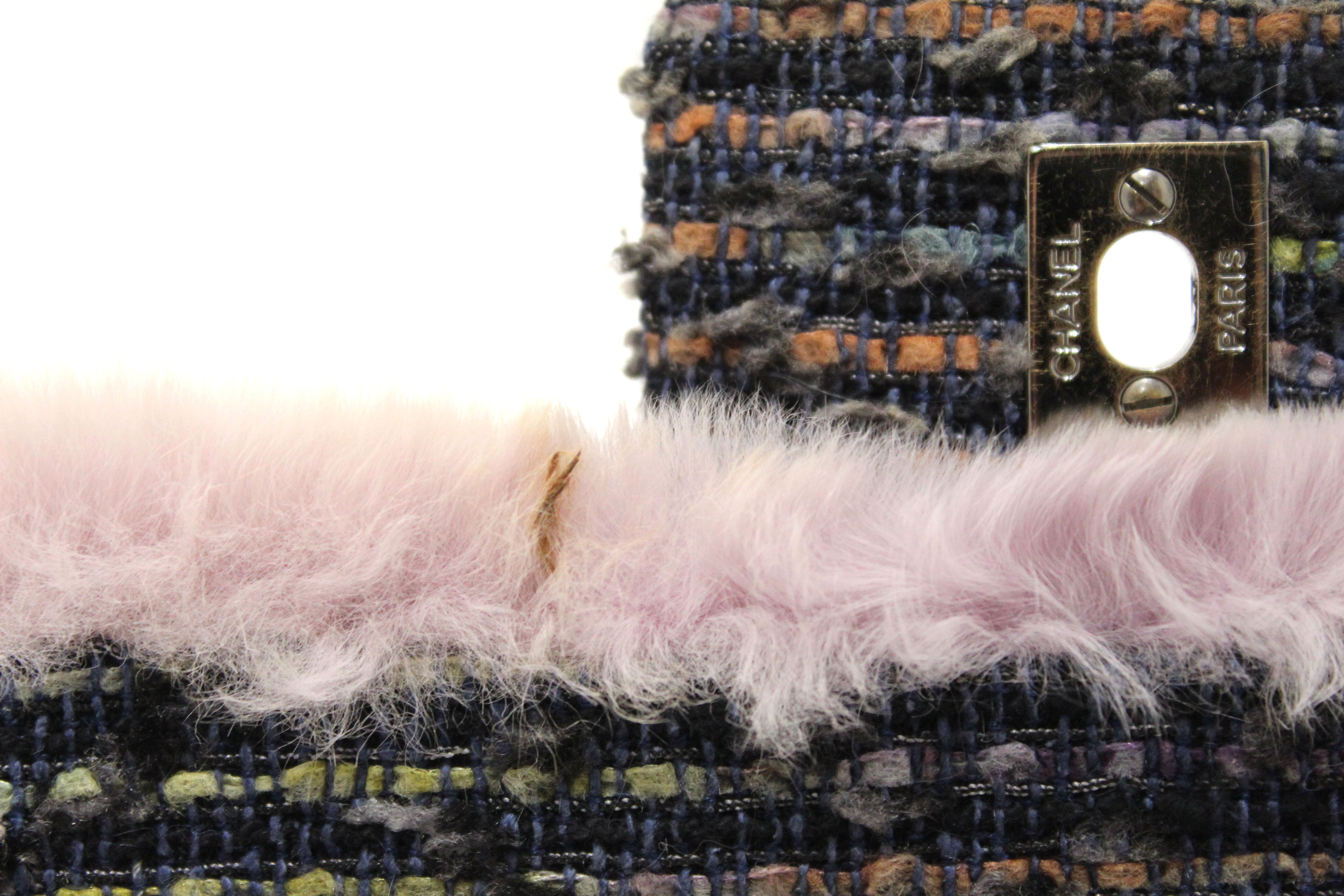 Authentic Vintage Chanel Lilac Purple Fur & Blue Tweed Flap Bag with Chain Shoulder Strap - Luxury Designer Handbag for Women, Perfect for Parties, Weddings & Special Occasions