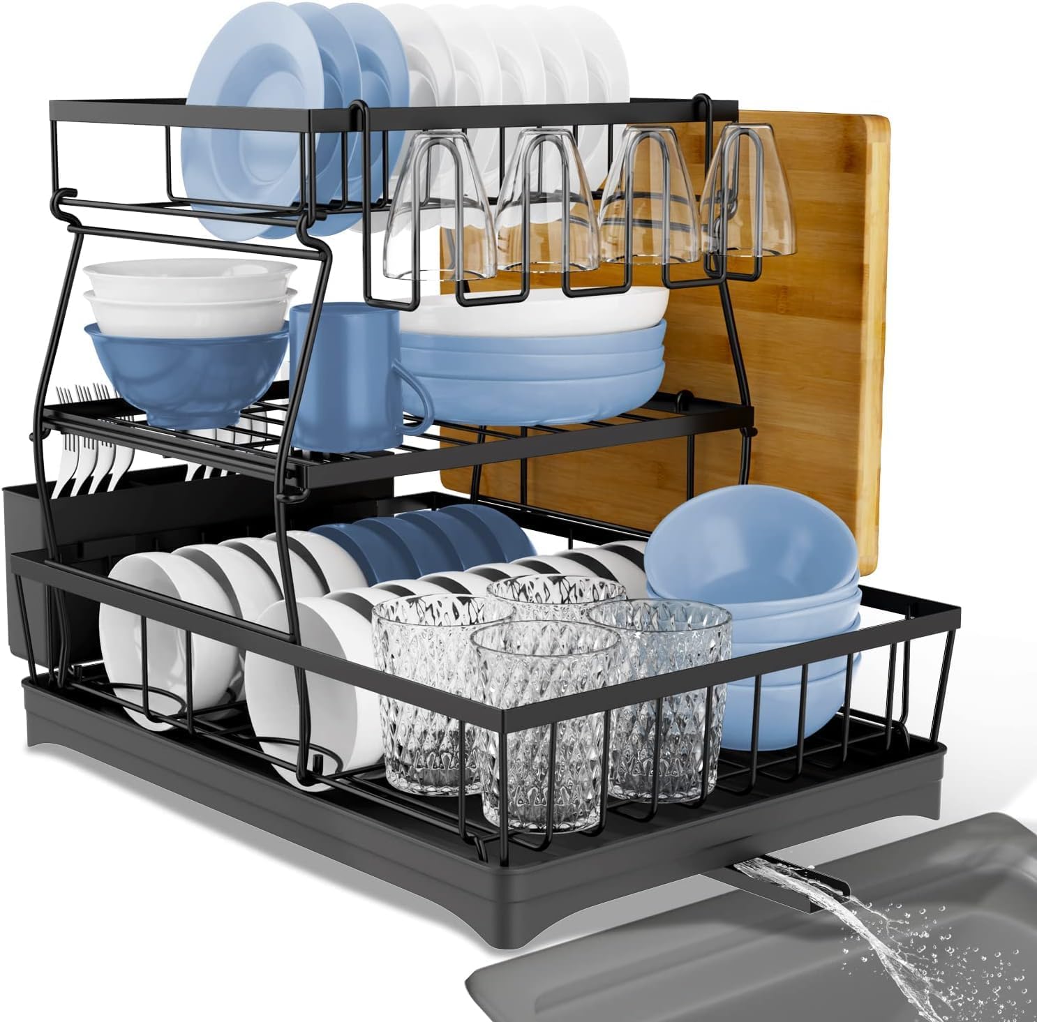 NYTRYD 2-Tier Carbon Steel Dish Drying Rack with Drainboard - Large Space Saving Kitchen Organizer for Plates, Cups & Utensils - Perfect for Small Kitchens, Apartments & RV Use