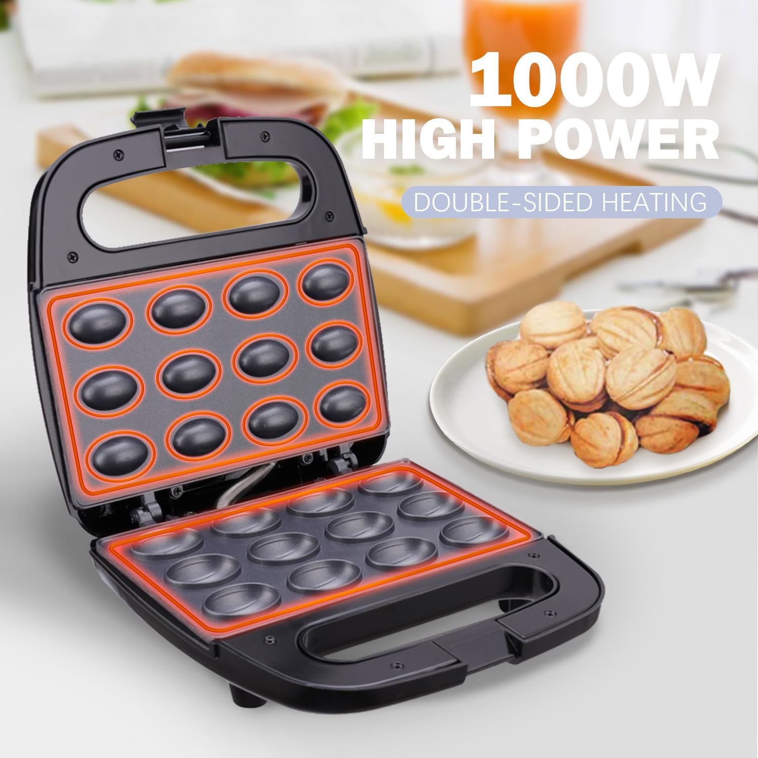 12-Hole Electric Walnut Cookie Maker & Waffle Iron - Mini Nut Cake Machine for Sandwiches, Breakfast Toaster - Perfect for Home Baking, Party Snacks & Quick Breakfasts