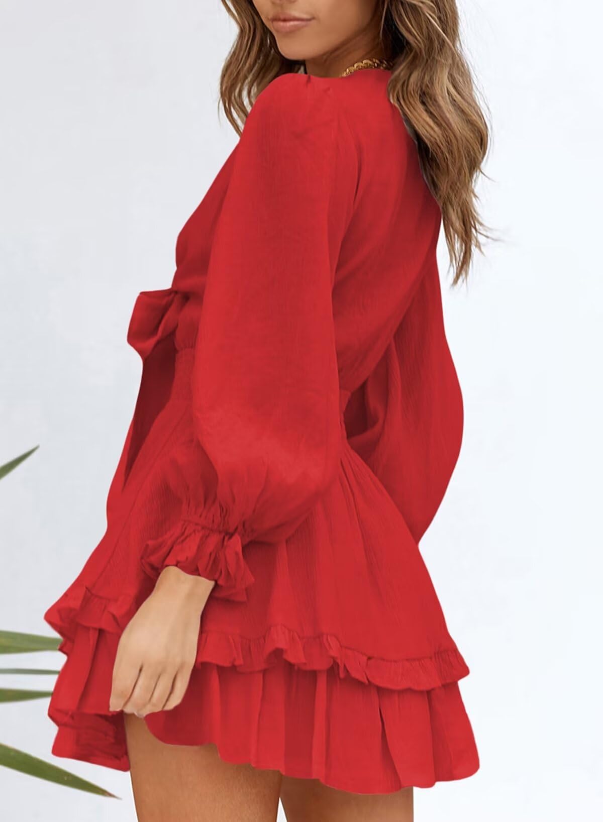 Dokotoo Women's Elegant Deep V Neck Knotted Tiered Chiffon Mini Skater Dress - Summer Casual Swing Dress for Party, Date Night & Beach Outings