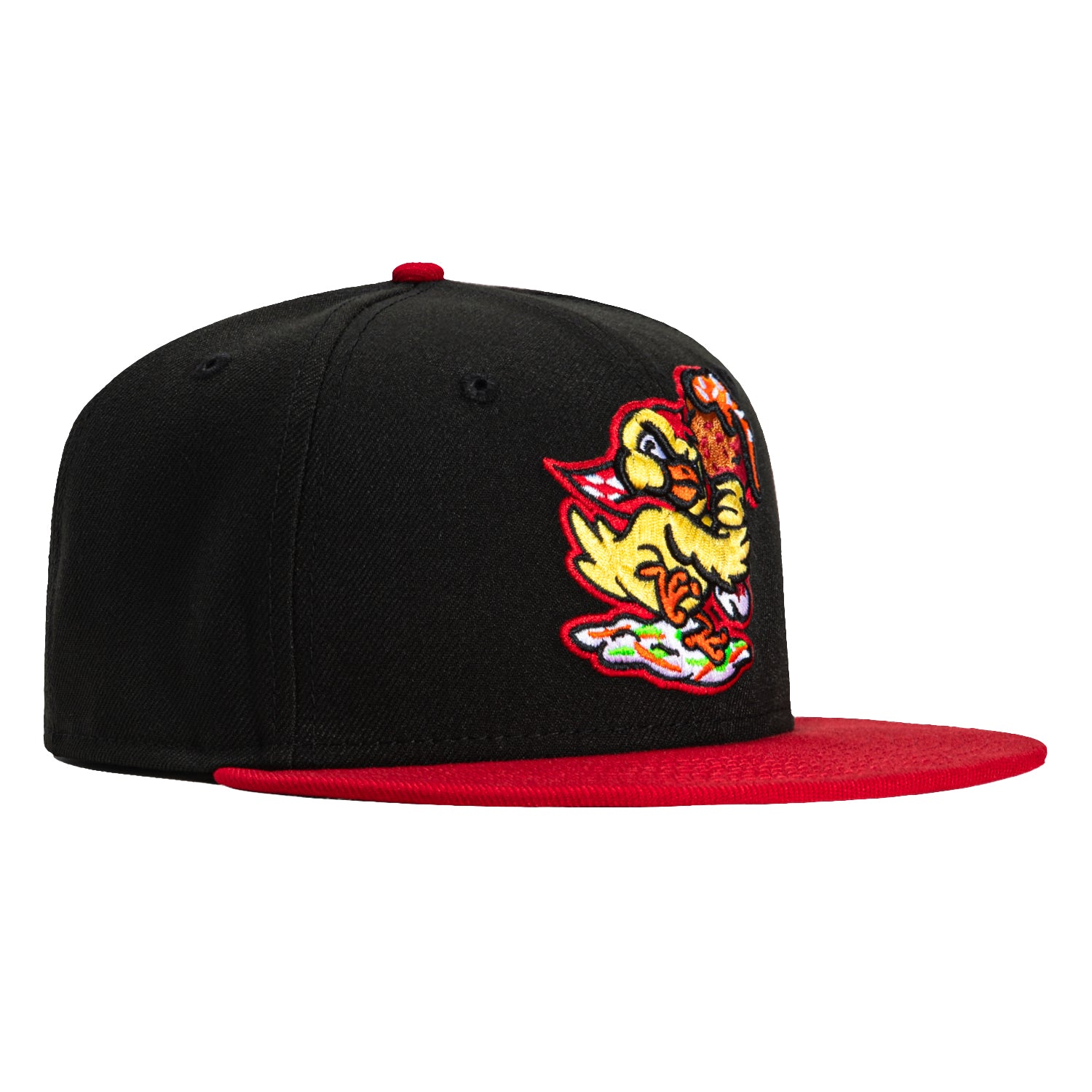 New Era 59Fifty Akron Rubber Ducks Fried Chicken Baseball Cap - Black & Red Adjustable Snapback Hat for Sports Fans & Collectors - Perfect for Baseball Games, Casual Wear, and Unique Gift Giving