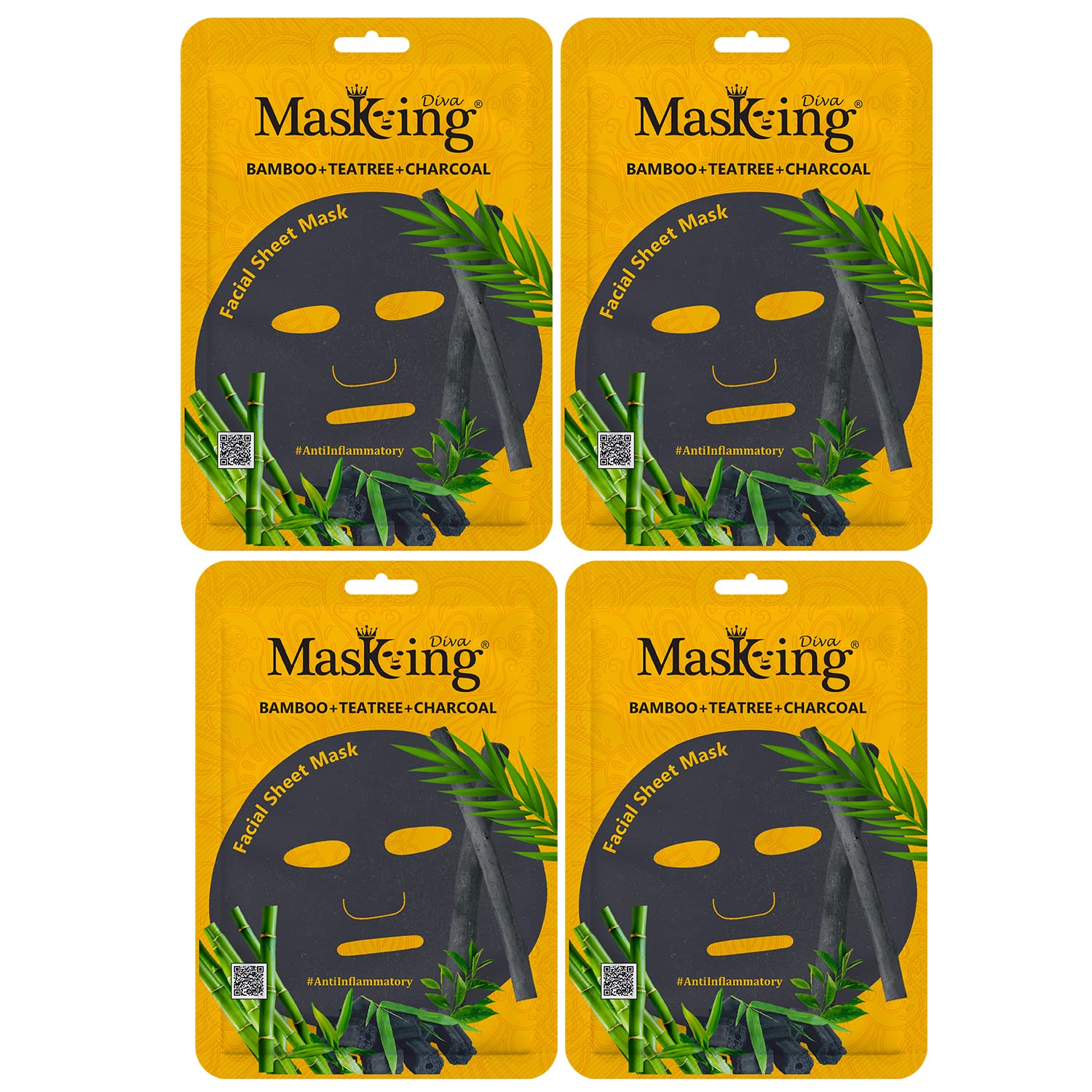 Masking Diva Charcoal Face Sheet Mask - Natural Bamboo & Tea Tree Facial Mask with Detoxifying Charcoal for Deep Cleansing, Anti-Aging & Skin Purification (Pack of 4) | Perfect for Spa Nights, Self-Care Routines & Glowing Skin