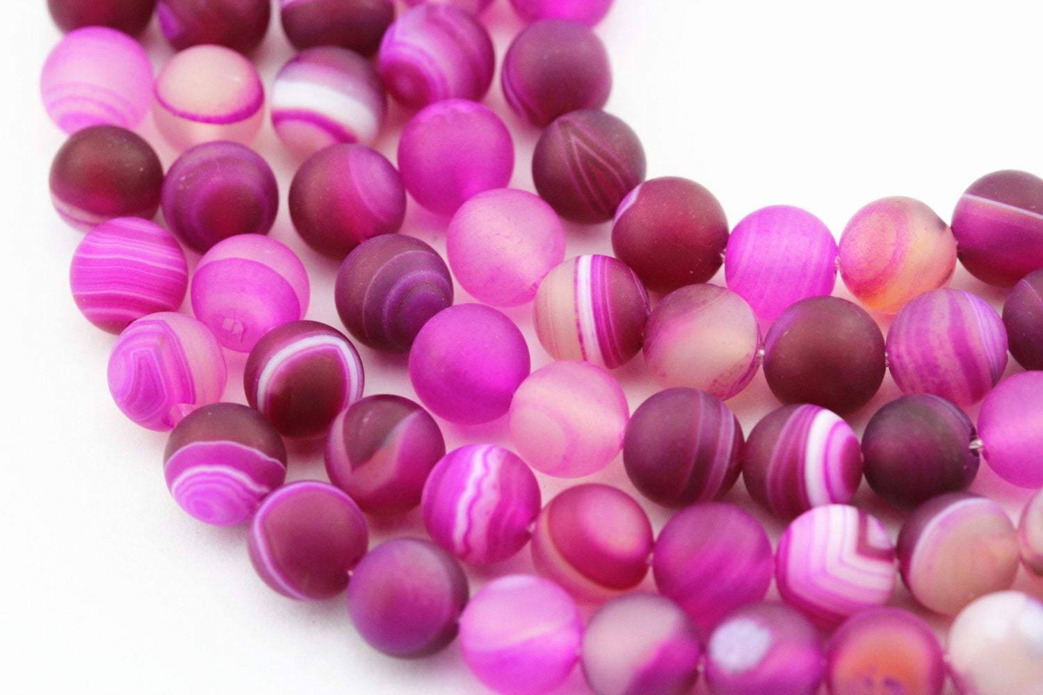 2.0mm Large Hole Fuchsia Striped Agate Matte Round Beads 8mm 10mm 15.5 Inch Strand - DIY Jewelry Making, Bracelet & Necklace Crafting Supplies for Women