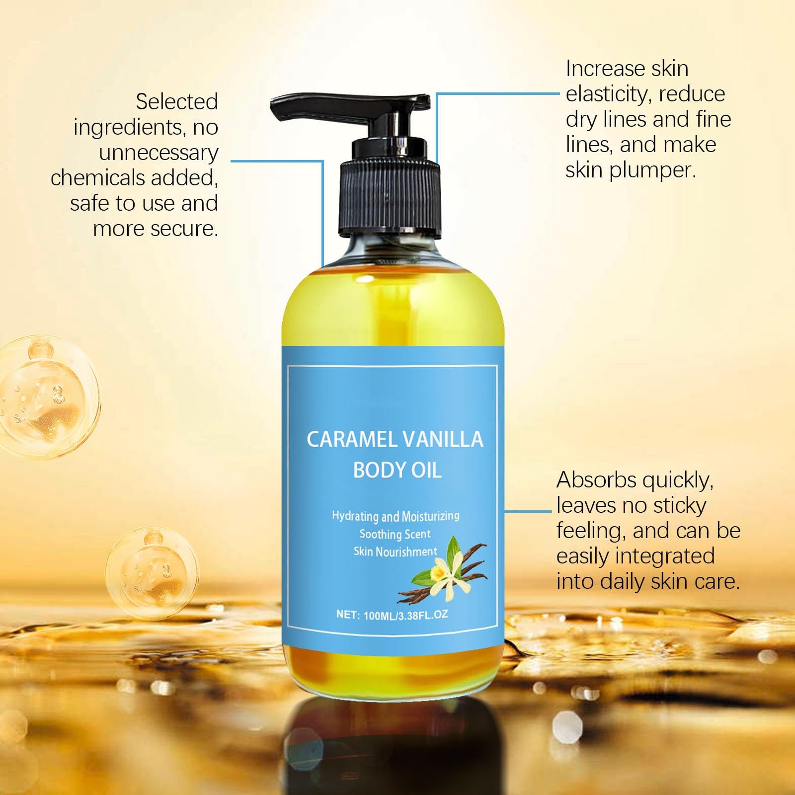 Vanilla Body Oil for Women - Caramel Vanilla Scented Moisturizing Oil, Natural Hydrating Skin Care After Shower, Perfect for Dry Skin & Relaxation (1PC)