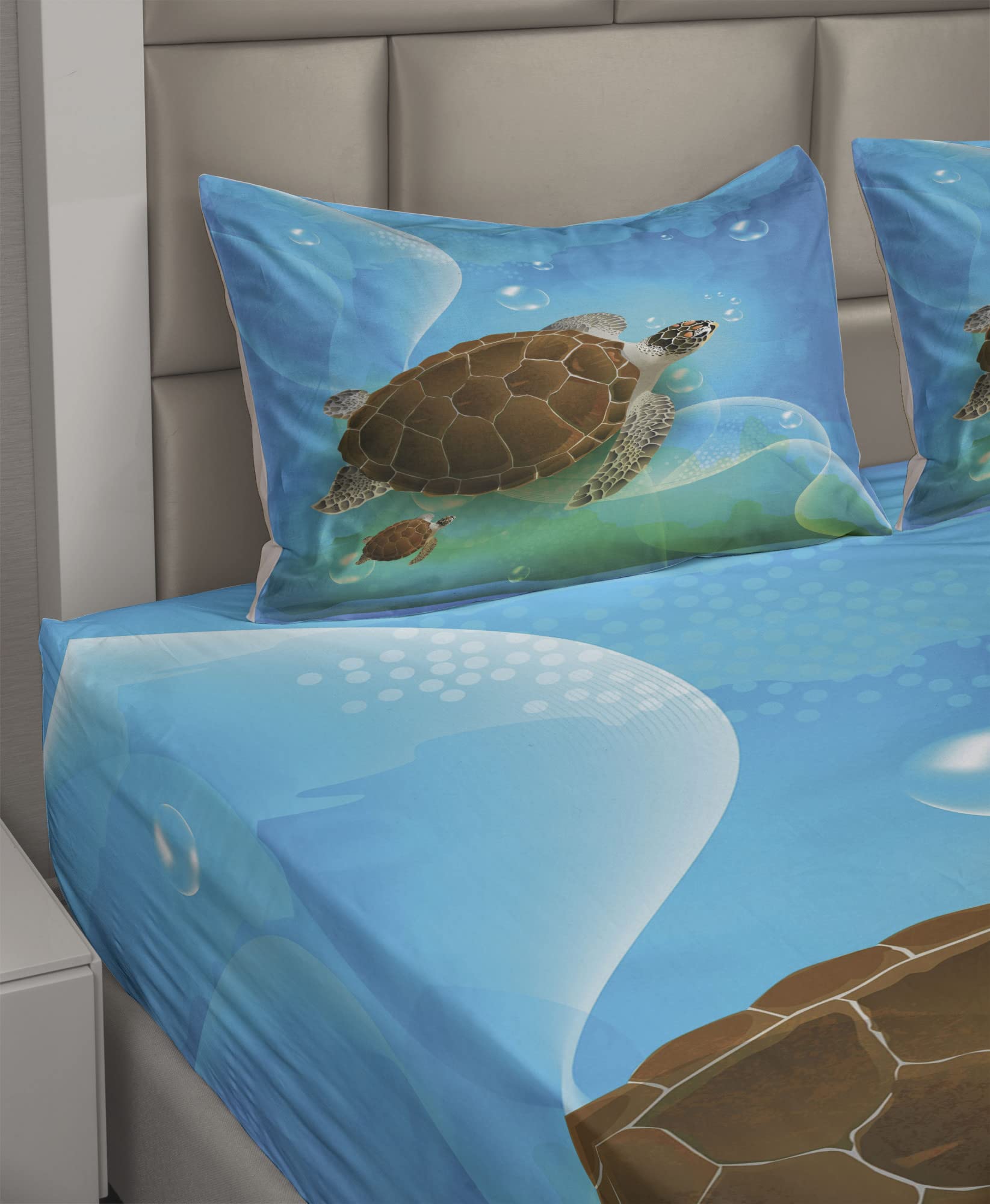 Ambesonne Ocean Turtle Family Bed Sheet Set - 4 Piece Queen Size, Green Blue Brown Underwater Cartoon Design, Fitted & Flat Sheets with Pillowcases | Perfect for Kids' Rooms, Beach Themed Decor & Marine Life Enthusiasts