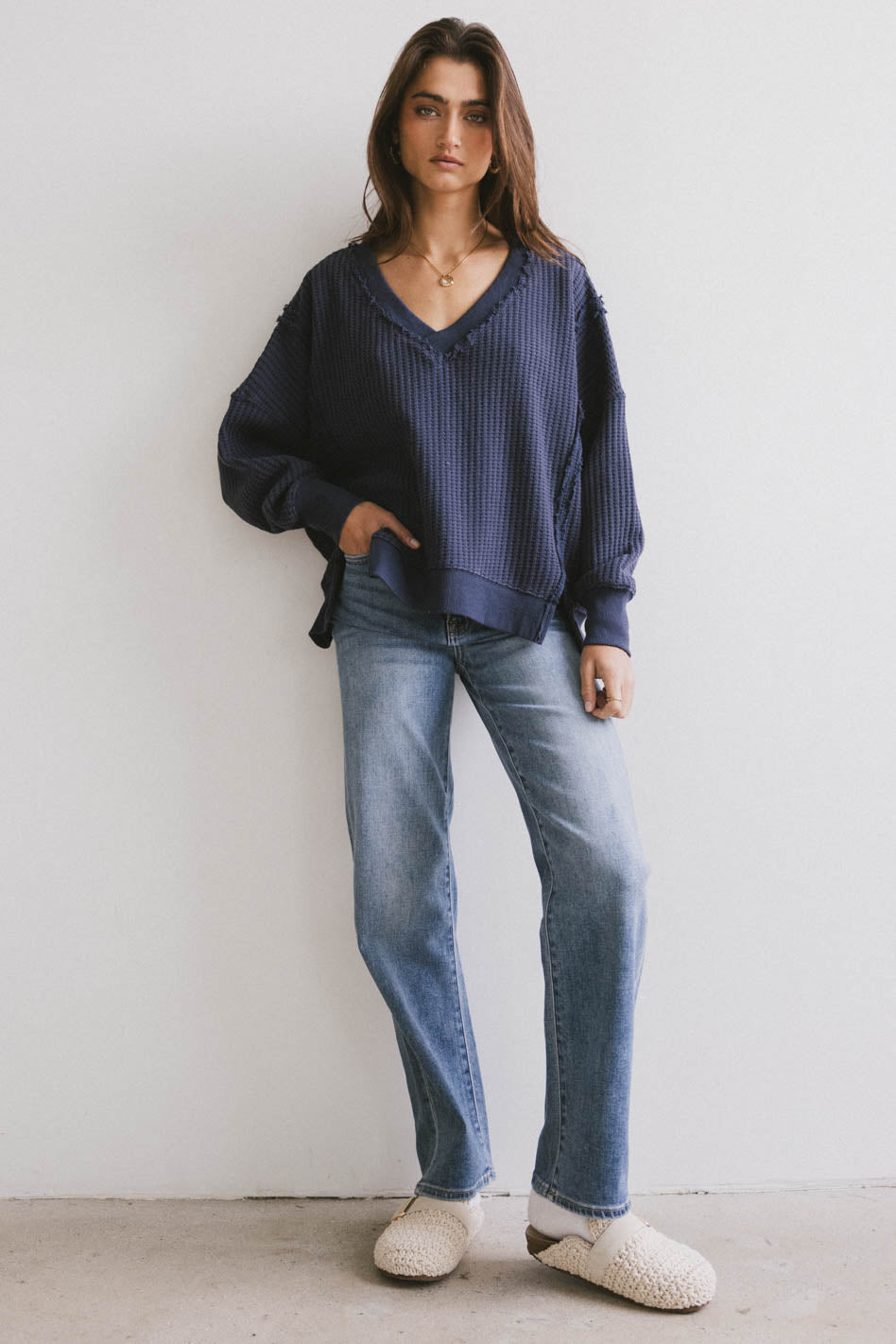Ellis Waffle Knit Top Women's Long Sleeve Crewneck Sweater - Navy Blue Casual Winter Pullover for Work, Date Night & Cozy Outfits
