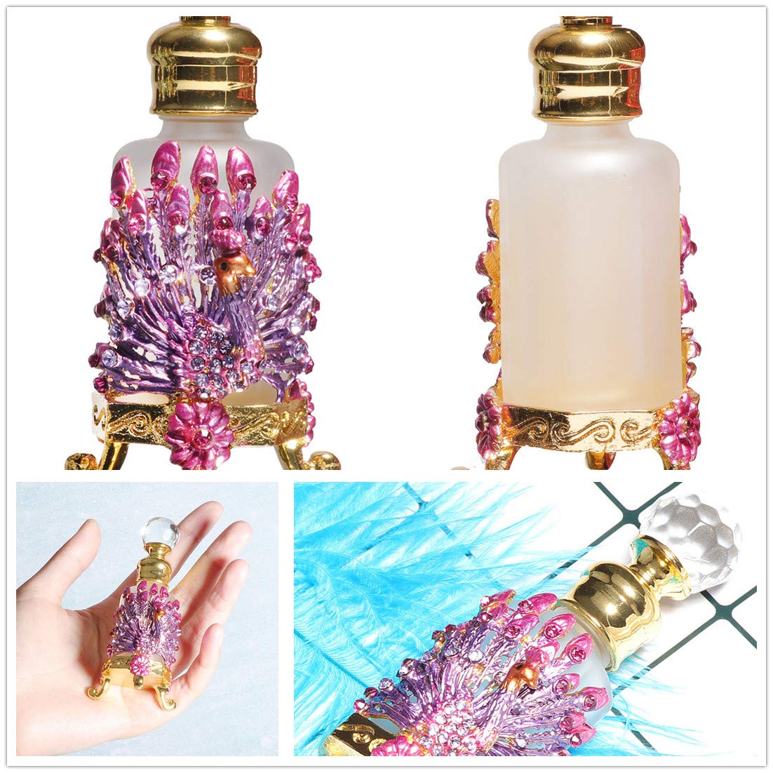 Waltz&F Vintage Peacock Octagon Frosted Glass Perfume Bottle - 12ml Refillable Essential Oil Bottle with Jeweled Design (Pink) | Perfect for Home Fragrance, Gift Giving & Aromatherapy