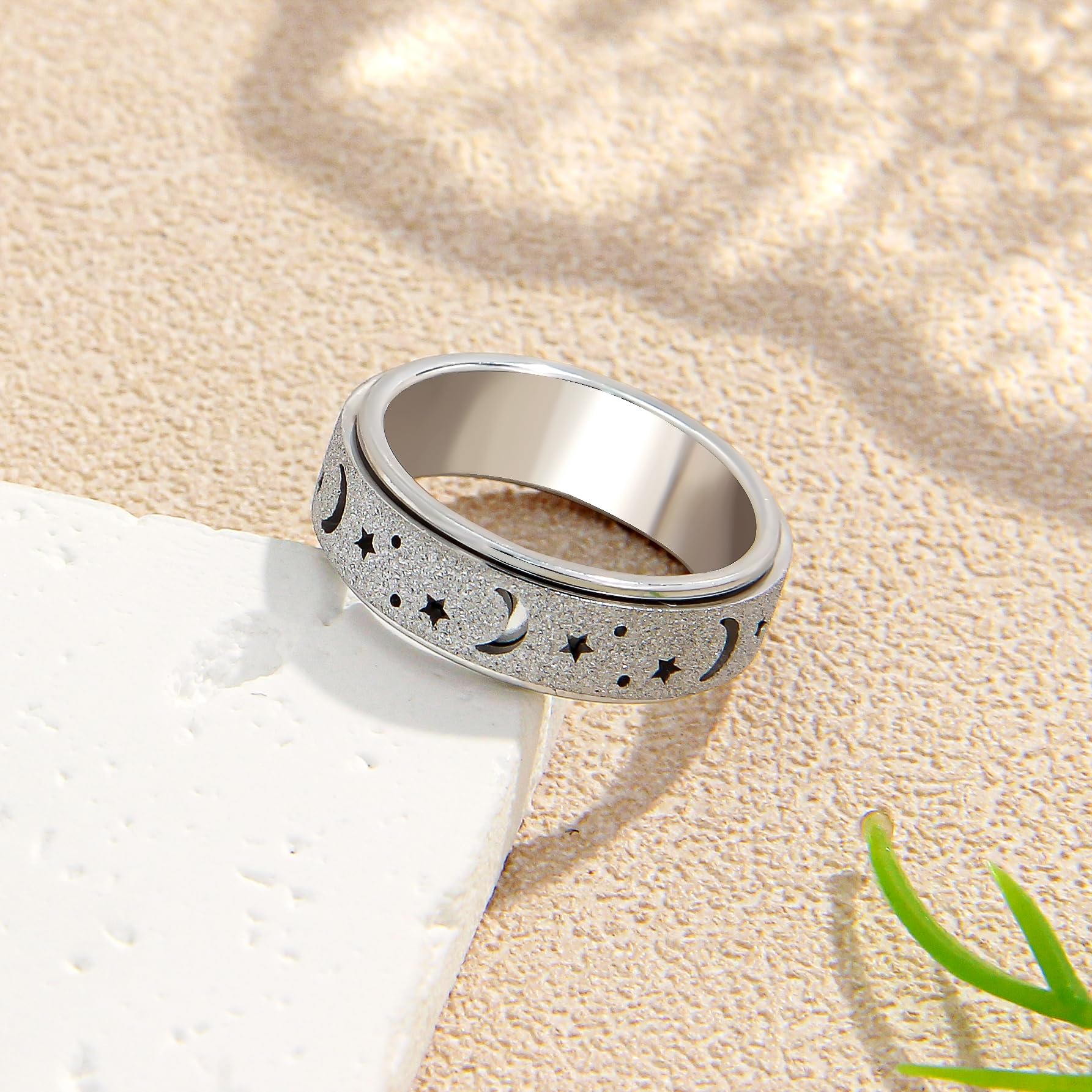 Anxiety Spinner Ring for Women & Men - Stainless Steel Moon Star Design for Stress Relief - Size 6-10