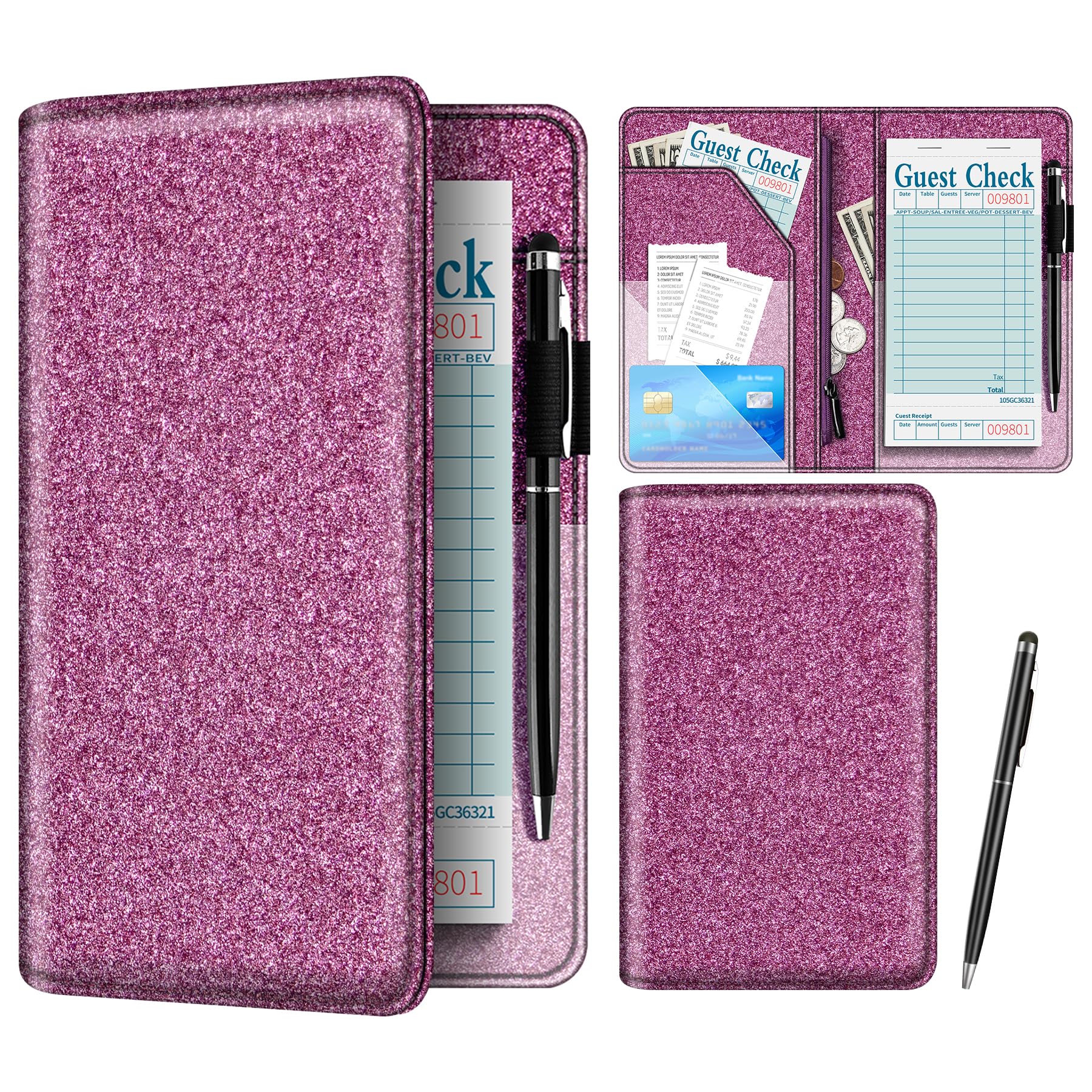 Glitter Leather Waiter Book Server Wallet with Zipper & Money Pocket - Cute Waitress Organizer for Tips, Orders & Pens | Perfect for Restaurant Servers, Hostesses & Bar Staff