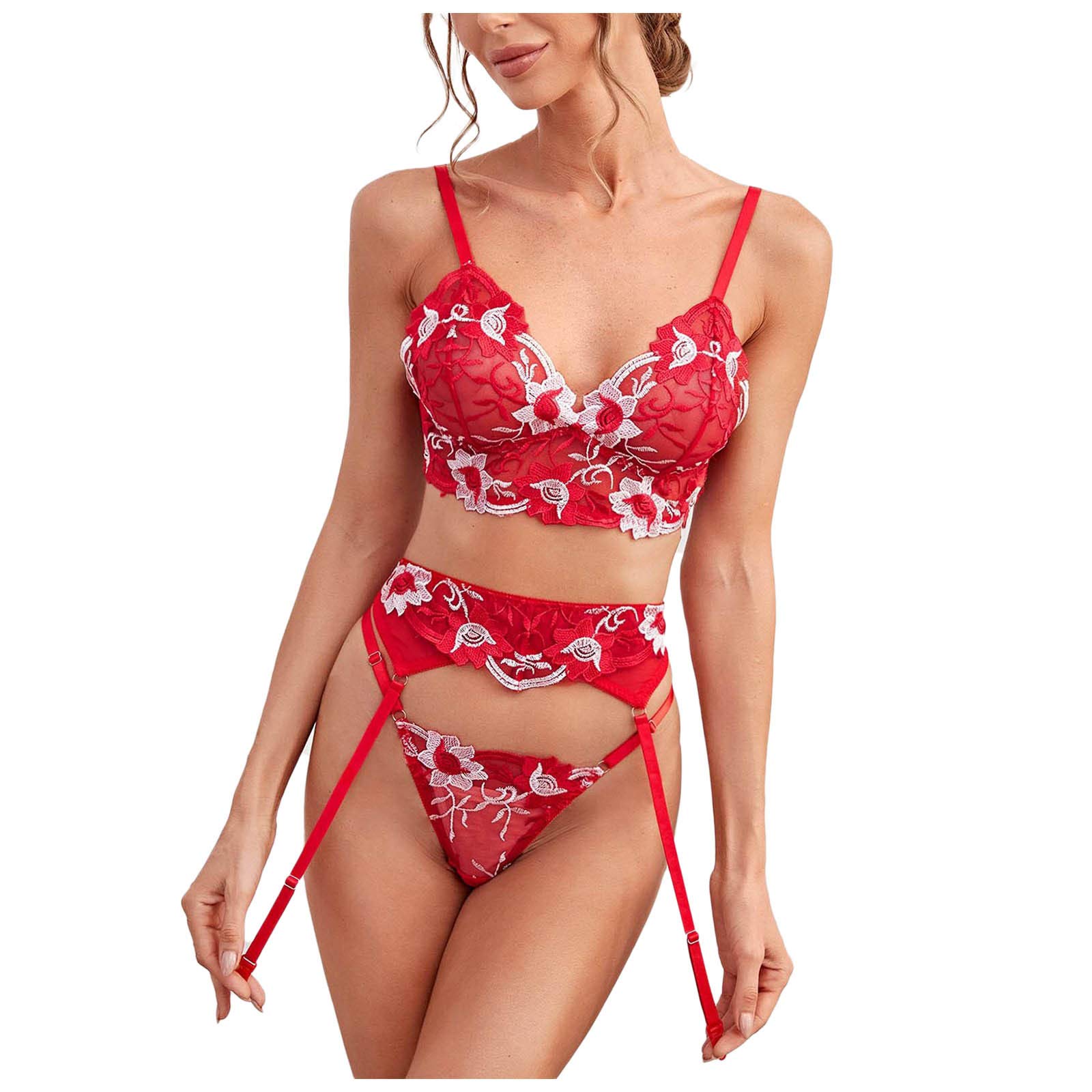 Sexy Mesh Lingerie Set for Women - Embroidered Sling Bodystocking with Adjustable Straps, Red Size M | Valentine's Day Gift, Bridal Nightwear, Boudoir Photoshoot