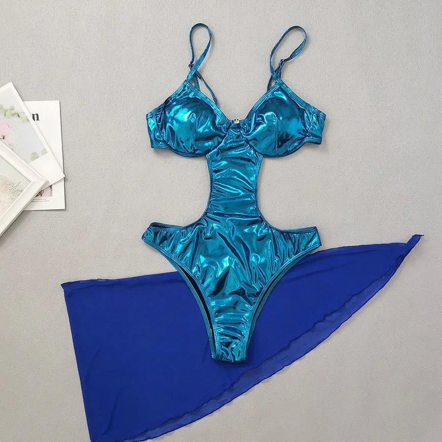 Blue Shiny High Waist Bikini Set with Hollow Out Gauze Skirt - Sexy Backless 2 Piece Swimsuit for Women | Perfect for Beach Vacation, Pool Party & Summer Getaways