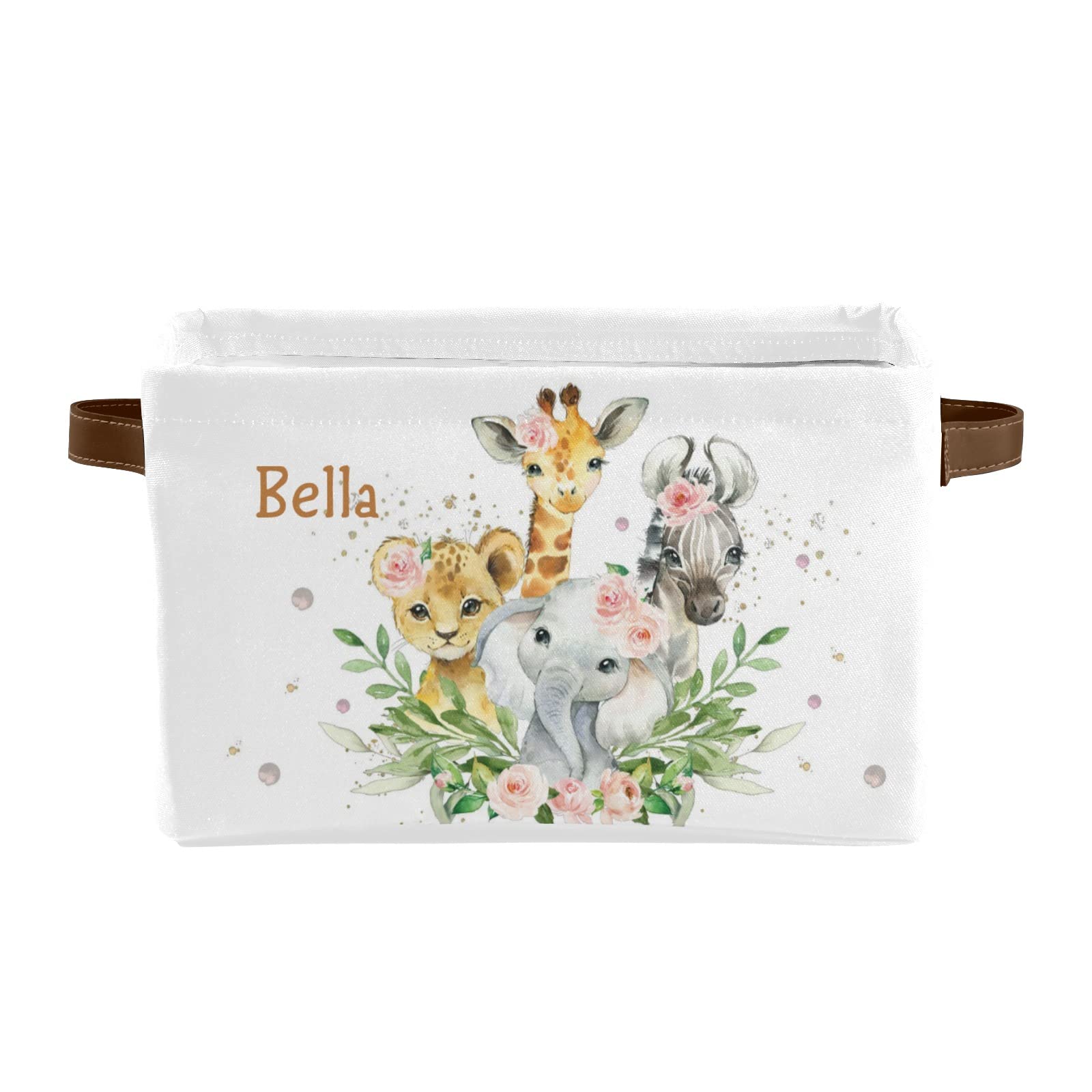 XOZOTY Personalized Giraffe Lion Elephant Storage Baskets with Custom Name - 4 Pack Rectangular Fabric Bins for Home, Nursery & Kitchen Organization | Perfect for Toys, Blankets & Household Items Storage
