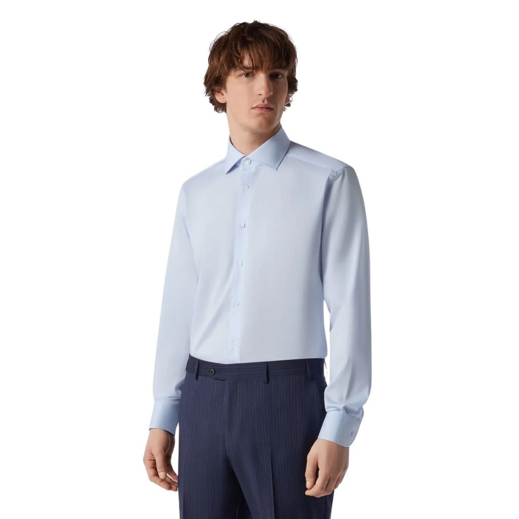 Premium CORNELIANI Wrinkle-Free Twill Dress Shirt in Sky Blue - Perfect for Business Meetings & Formal Occasions