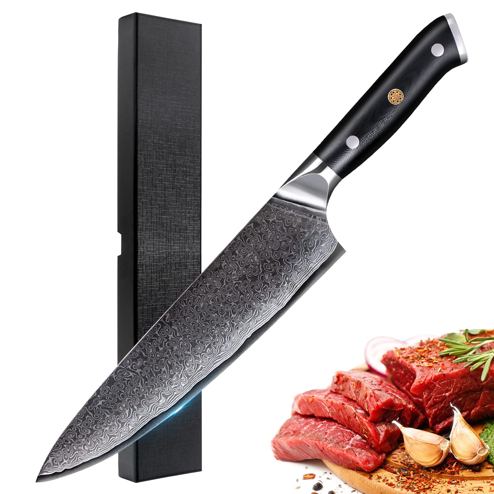 Premium 8 Inch Damascus Chef Knife - VG-10 High Carbon Stainless Steel Gyuto Kitchen Knife with 67-Layer Forged Blade & Ergonomic G10 Handle - Perfect for Professional Chefs, Home Cooking, and Restaurant Use