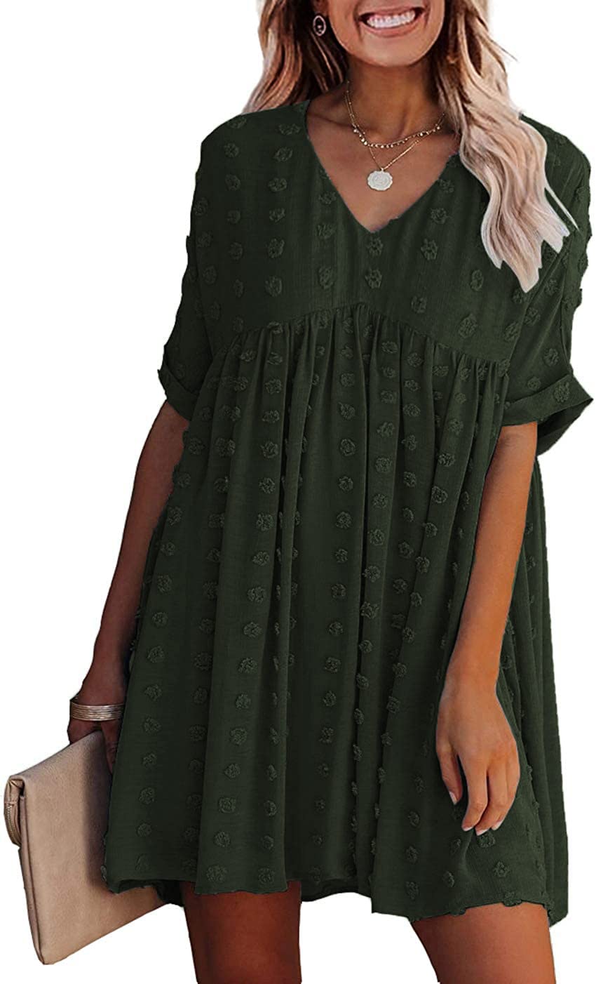 OURS Women's Summer Short Sleeve Flowy Mini Dress - V Neck Sexy Loose Swiss Dot Casual Dress for Beach, Party & Vacation | Lightweight Comfortable Sundress