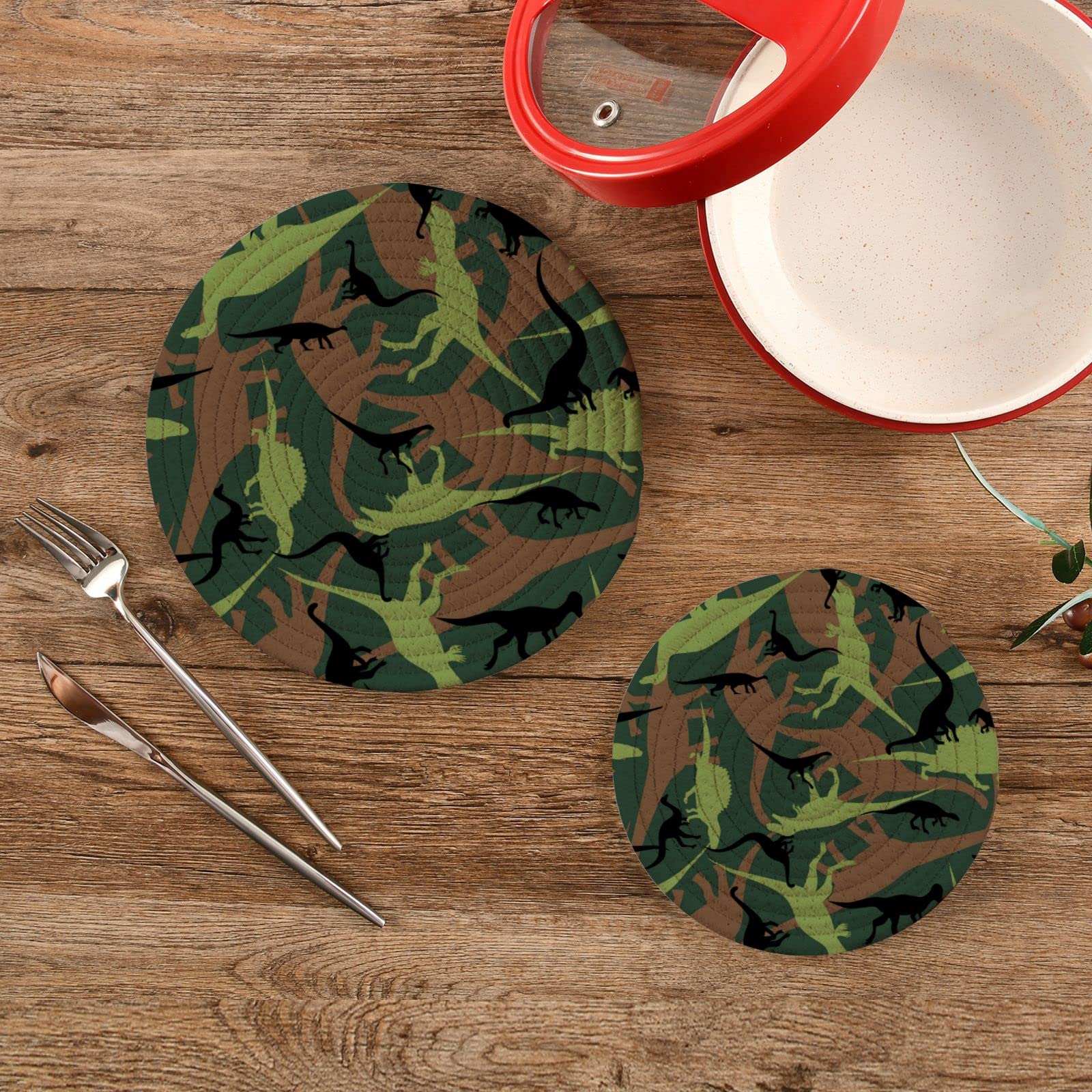 Dinosaur Camouflage Pot Holders Set of 2 - Heat Resistant Cotton Round Trivets for Kitchen, Hot Dishes & Teapots - Perfect for Cooking, Baking & Serving