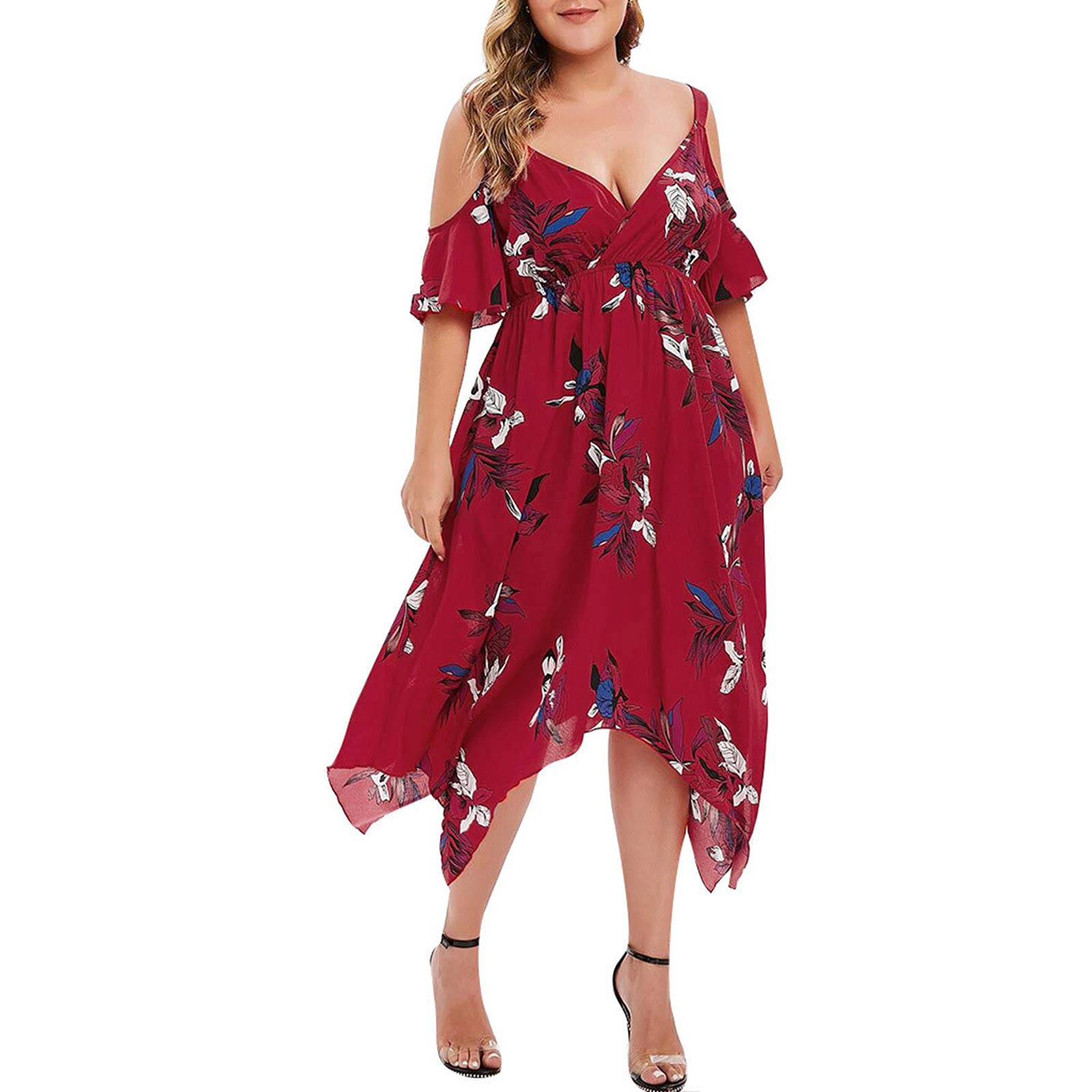 **Sexy Plus Size Summer Maxi Dress for Women - Deep V Neck, Cold Shoulder & Corset Design with Floral Print & Irregular Hem - Perfect for Beach, Vacation & Date Nights**