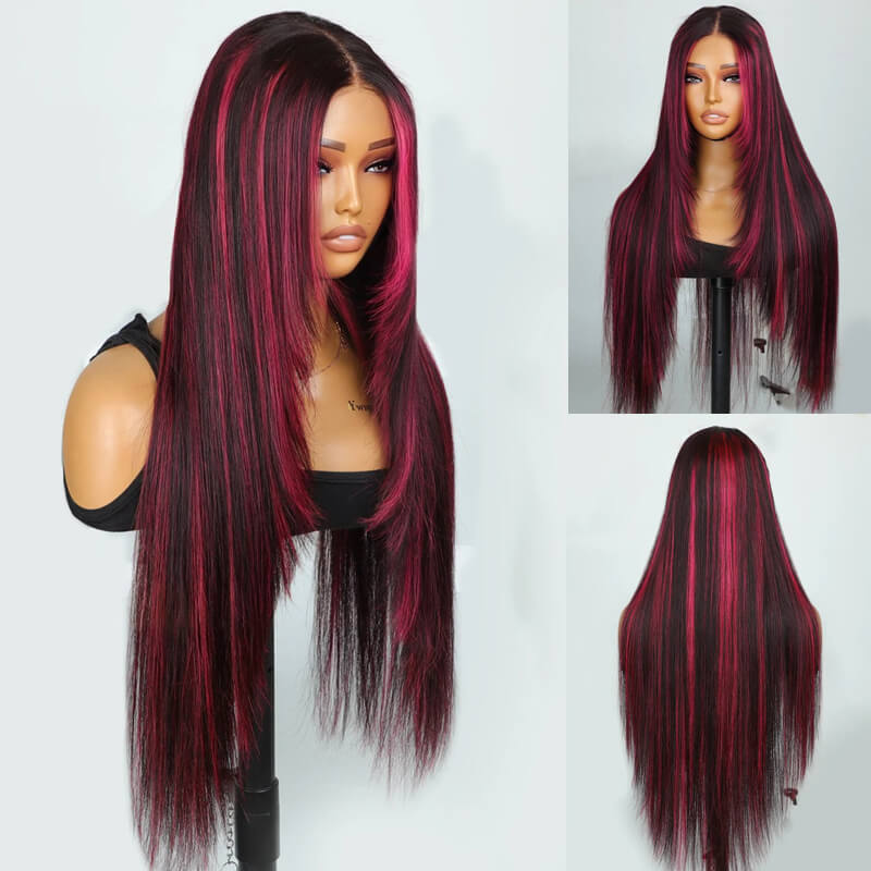 Eullair Green Skunk Stripe Layered Cut Straight Human Hair Wig with Golden Ginger Highlights - Pre Cut Lace Front for Natural Look | Perfect for Cosplay, Halloween, Daily Fashion & Special Occasions