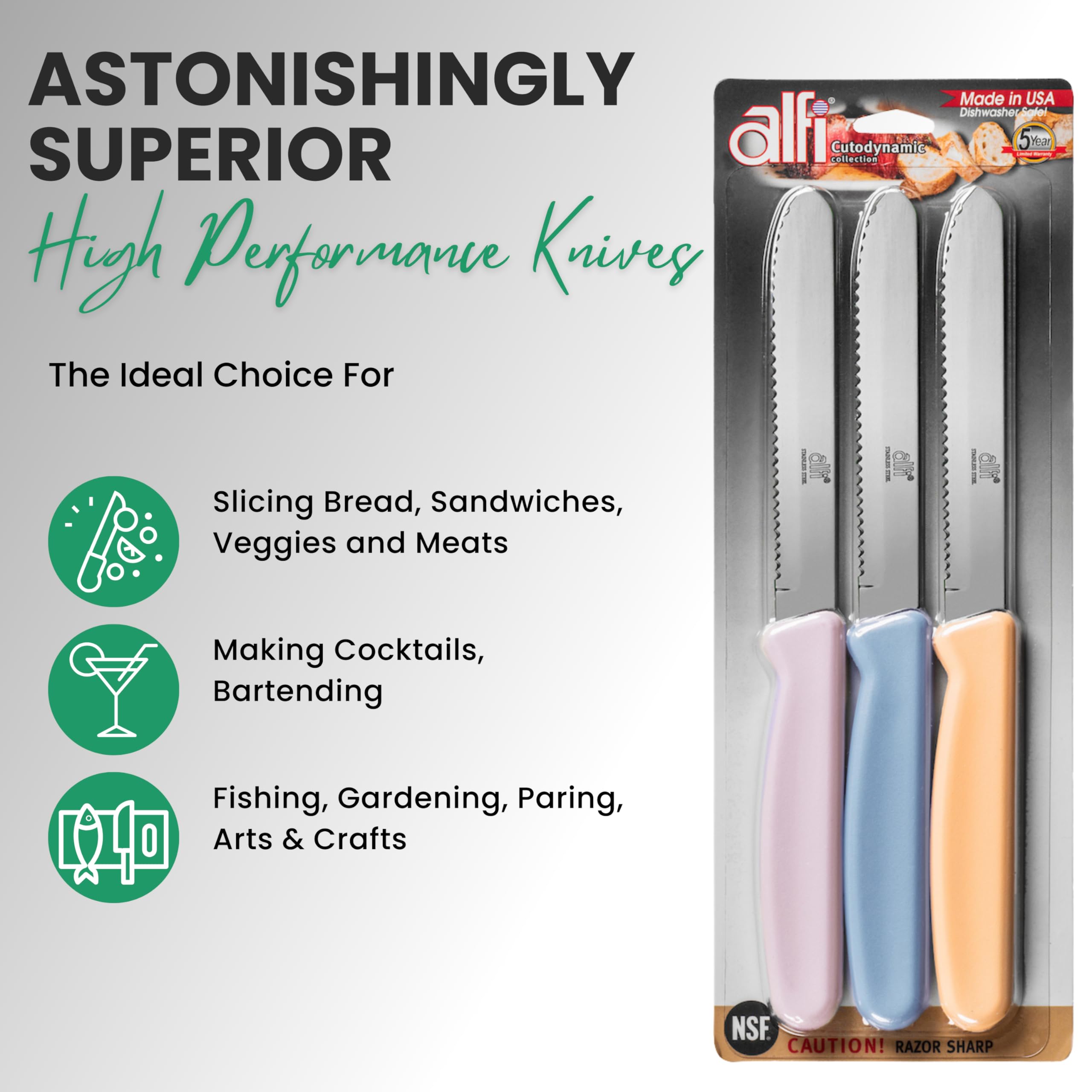 Alfi Premium 3-Piece Serrated Steak Knives Set - Aerospace Precision Rounded Tip All-Purpose Kitchen Knives - Made in USA (Bahama Blue) - Perfect for Steak Dinners, BBQ Parties & Home Kitchen Use