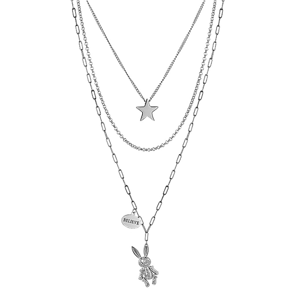 Rabbit Star Pendant Necklace for Women - Adjustable Layered Choker Necklace in Silver Alloy, Perfect for Everyday Wear, Gifts & Fashion Accessories